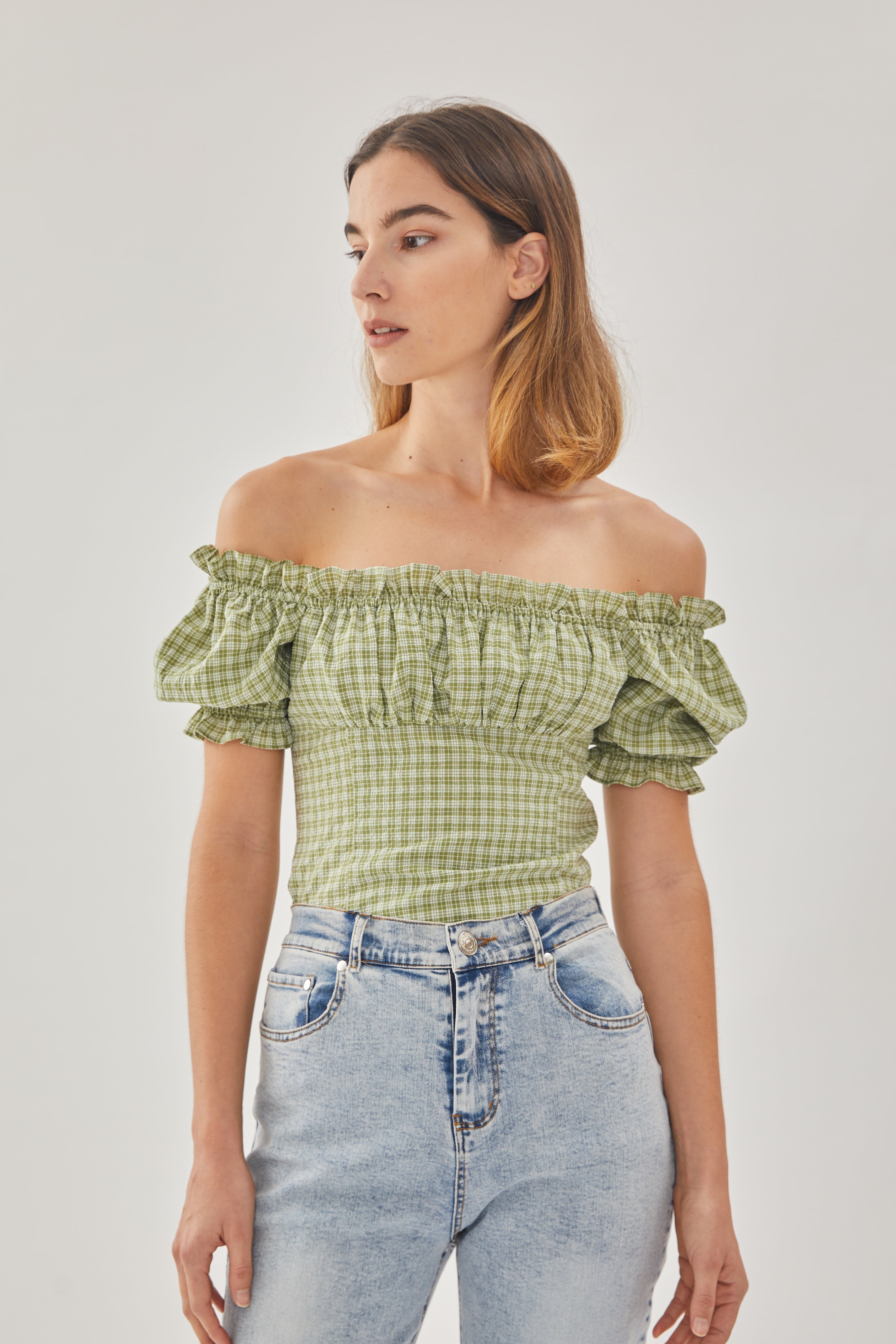 Frill-Trimmed Top in Gingham Fern