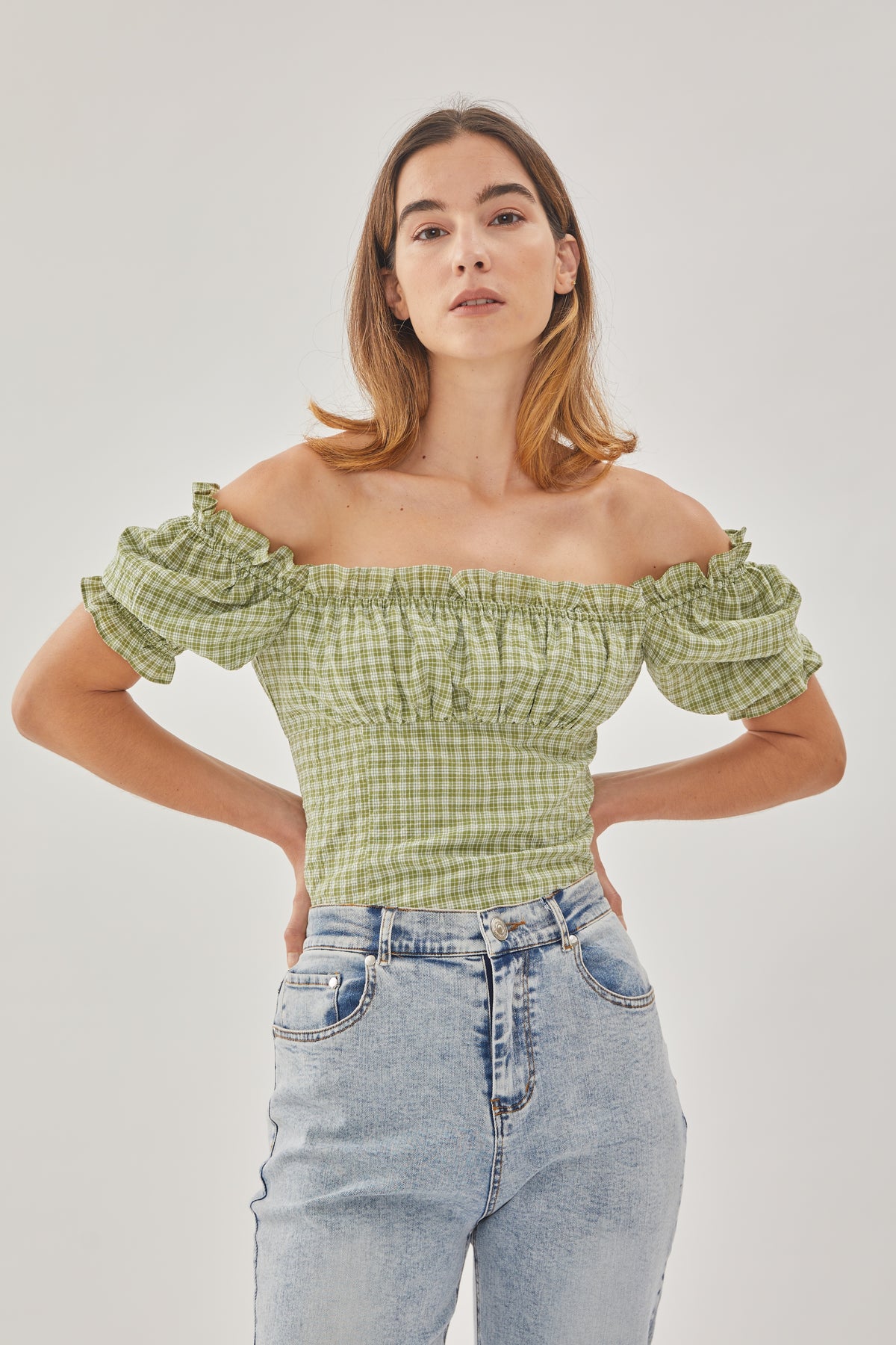 Frill-Trimmed Top in Gingham Fern