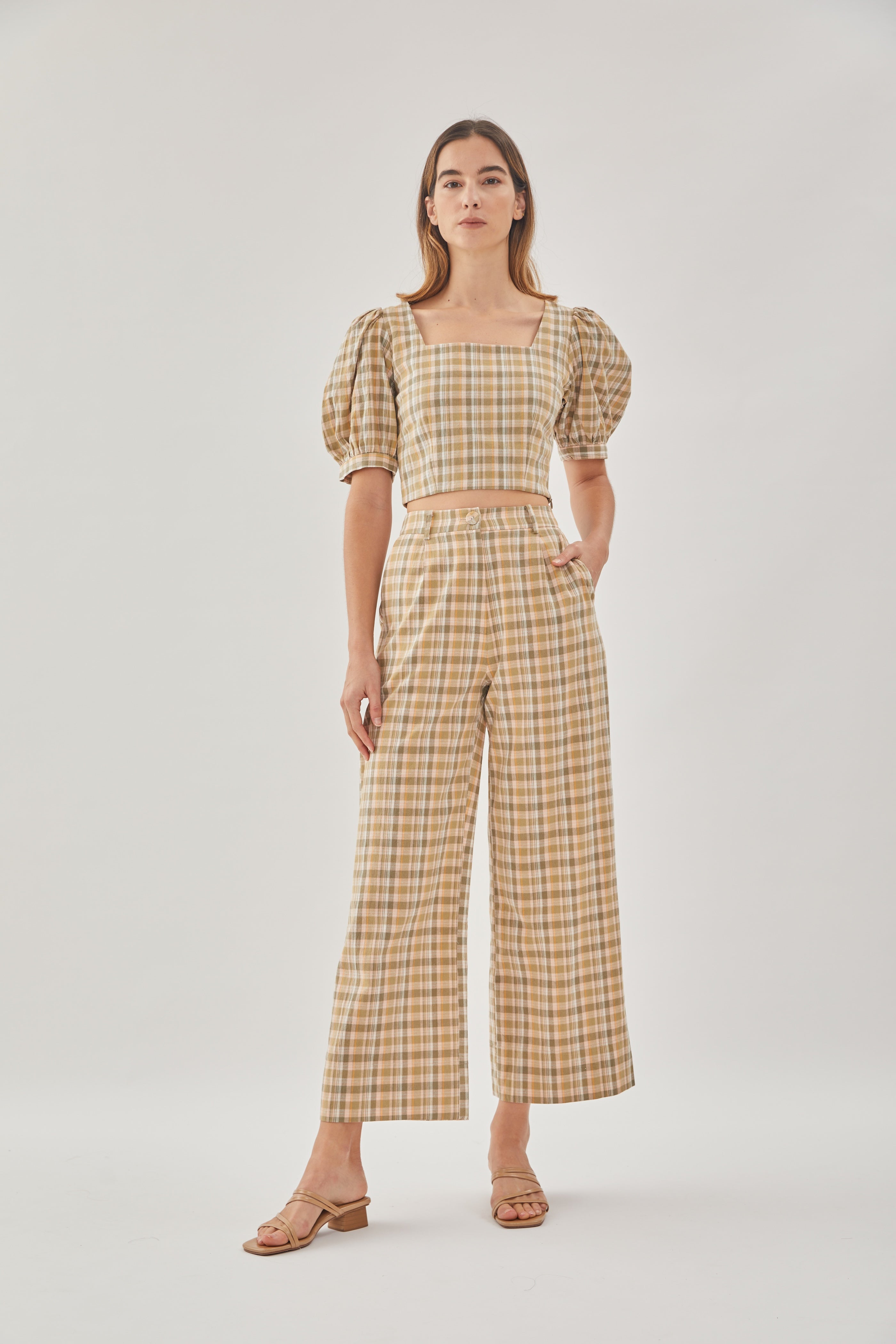 Checkered Cotton Straight Pants in Forest