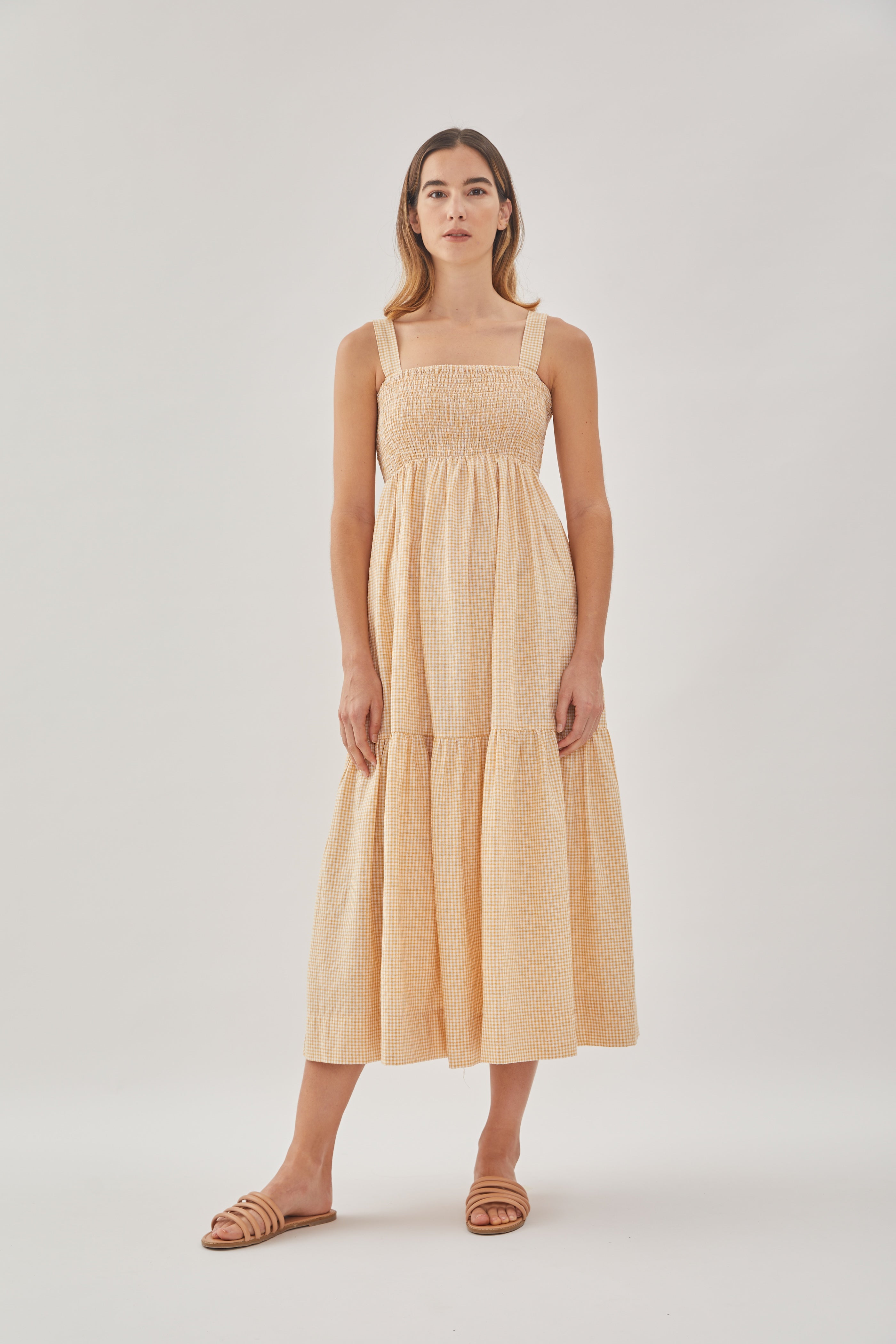 Tiered Sleeveless Shirring Dress in Gingham Yellow