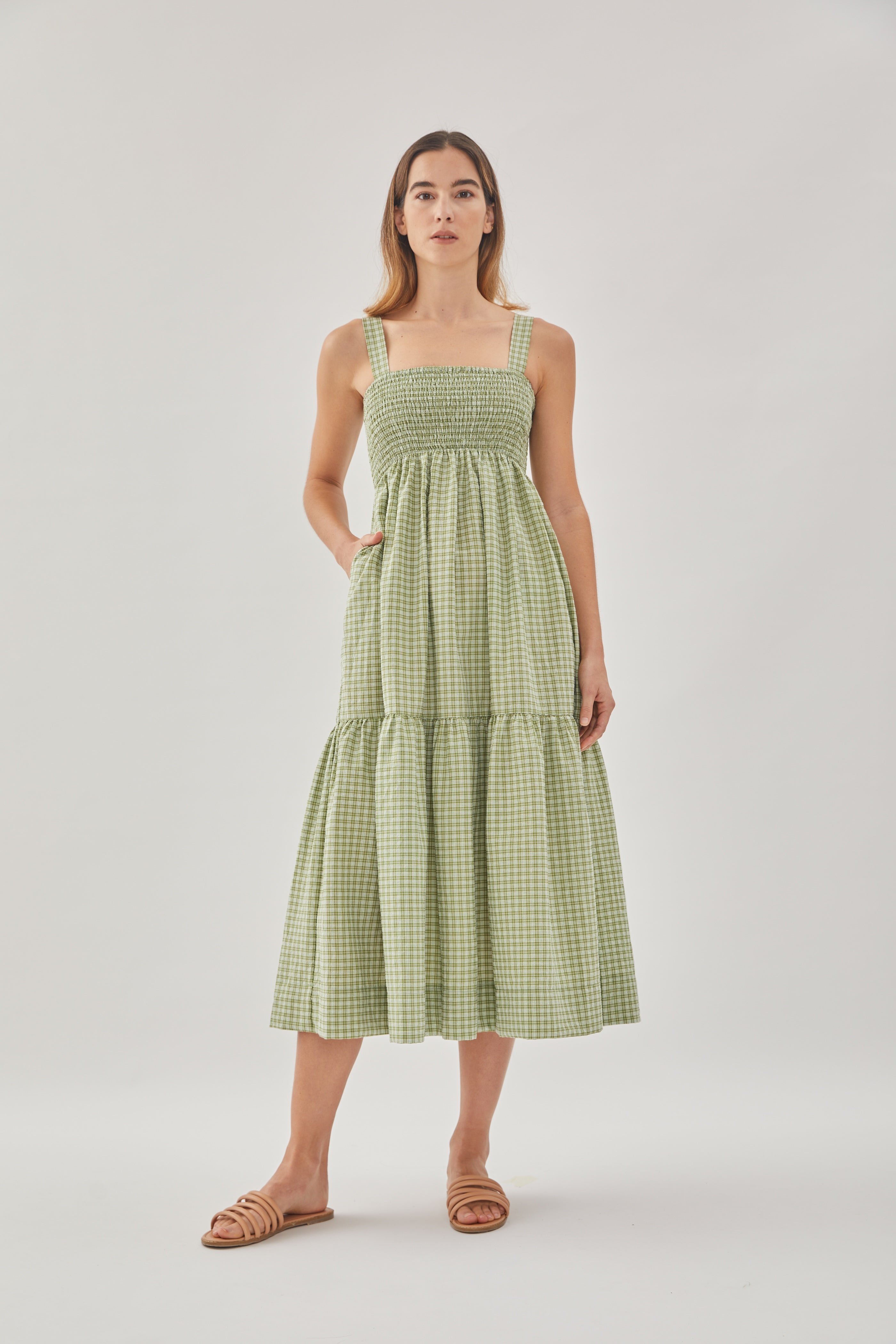 Tiered Sleeveless Shirring Dress in Gingham Fern