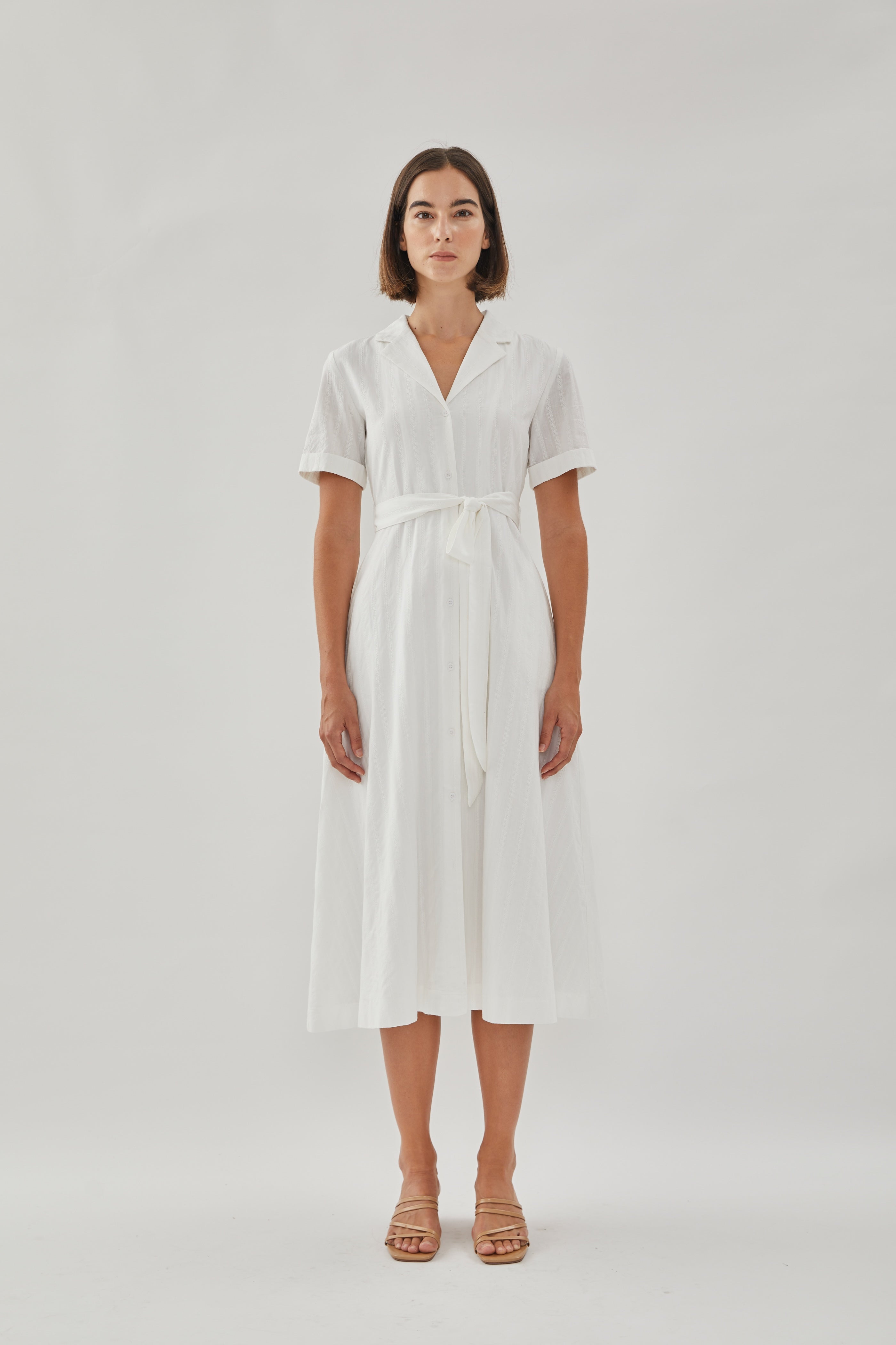 Collared Cotton Midi Dress in White