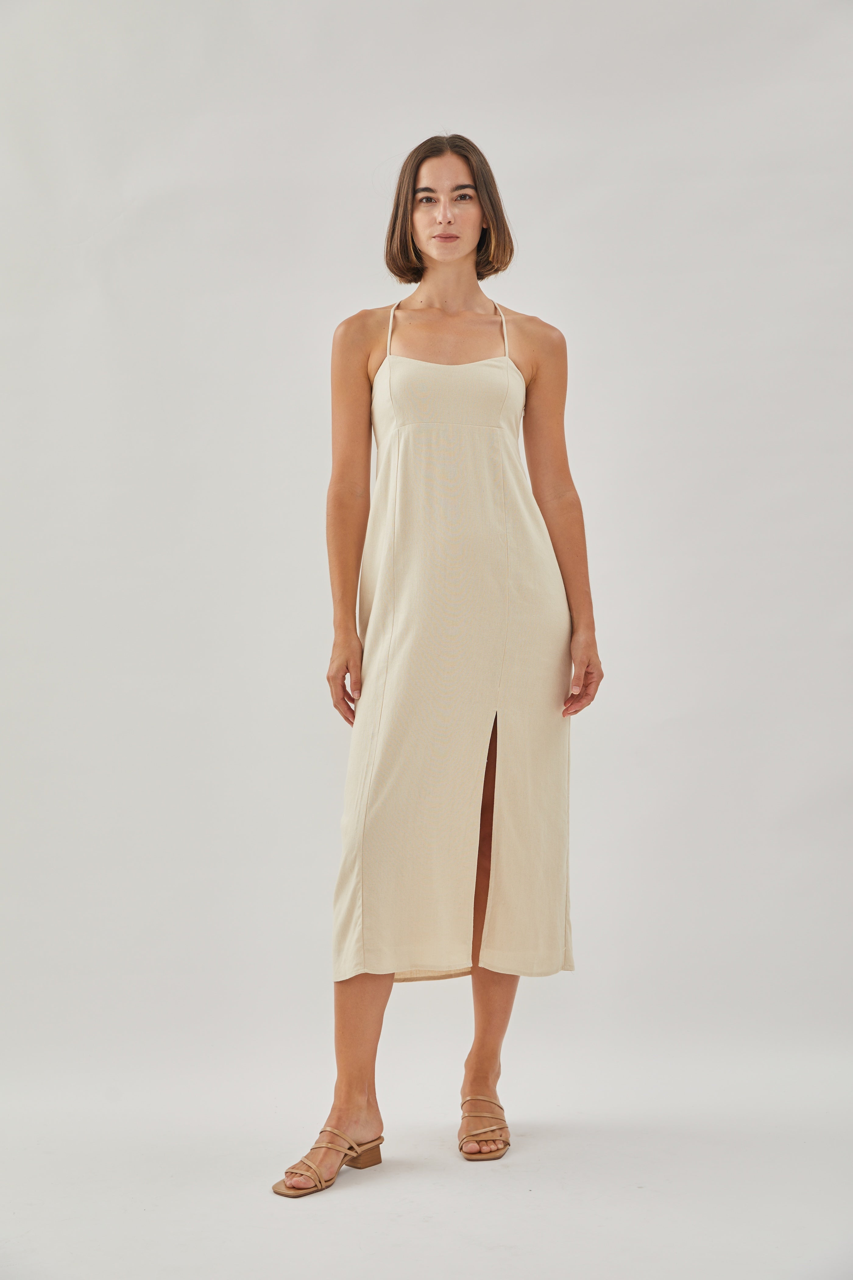 Crossback Linen Midi Dress in Oatmeal
