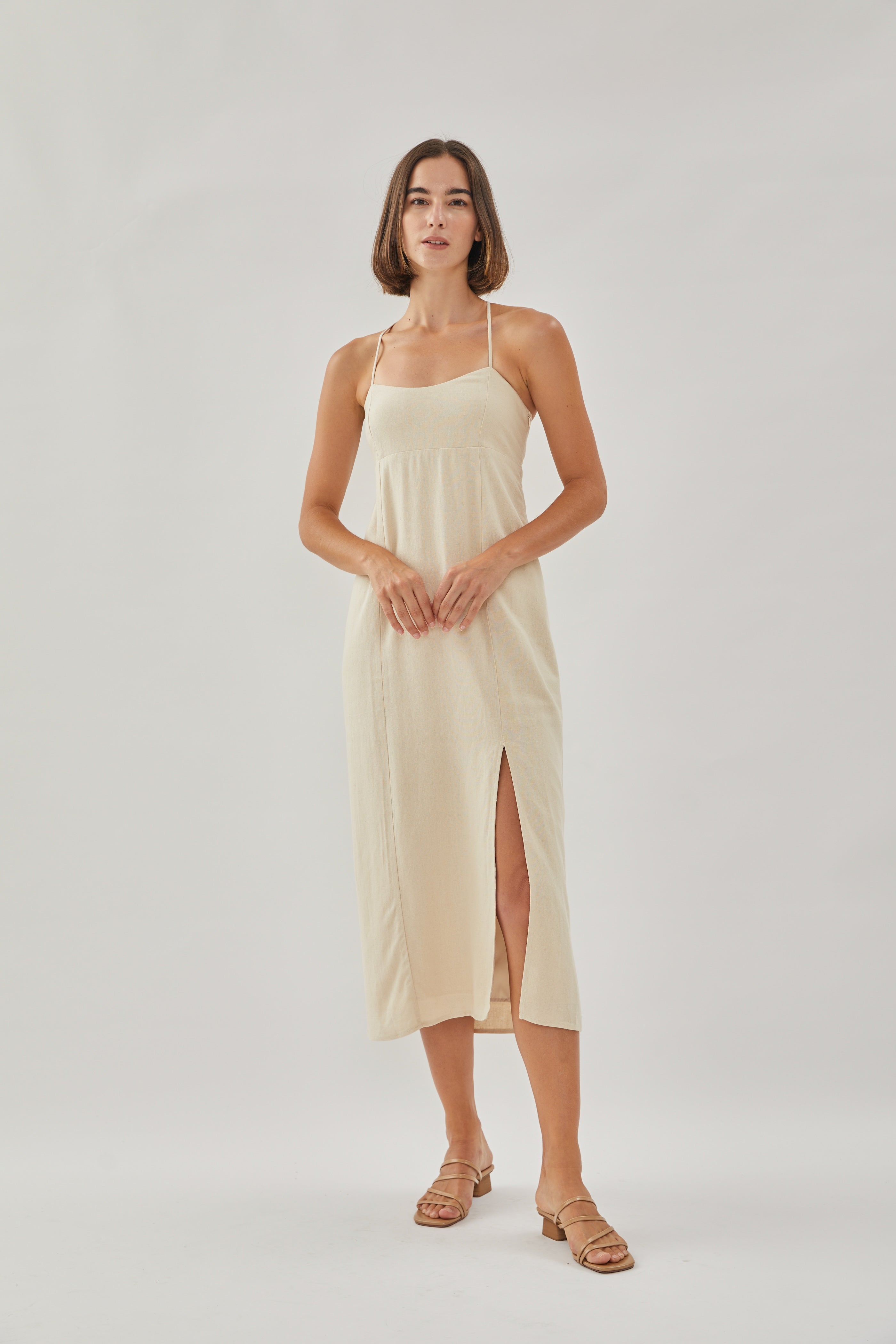 Crossback Linen Midi Dress in Oatmeal