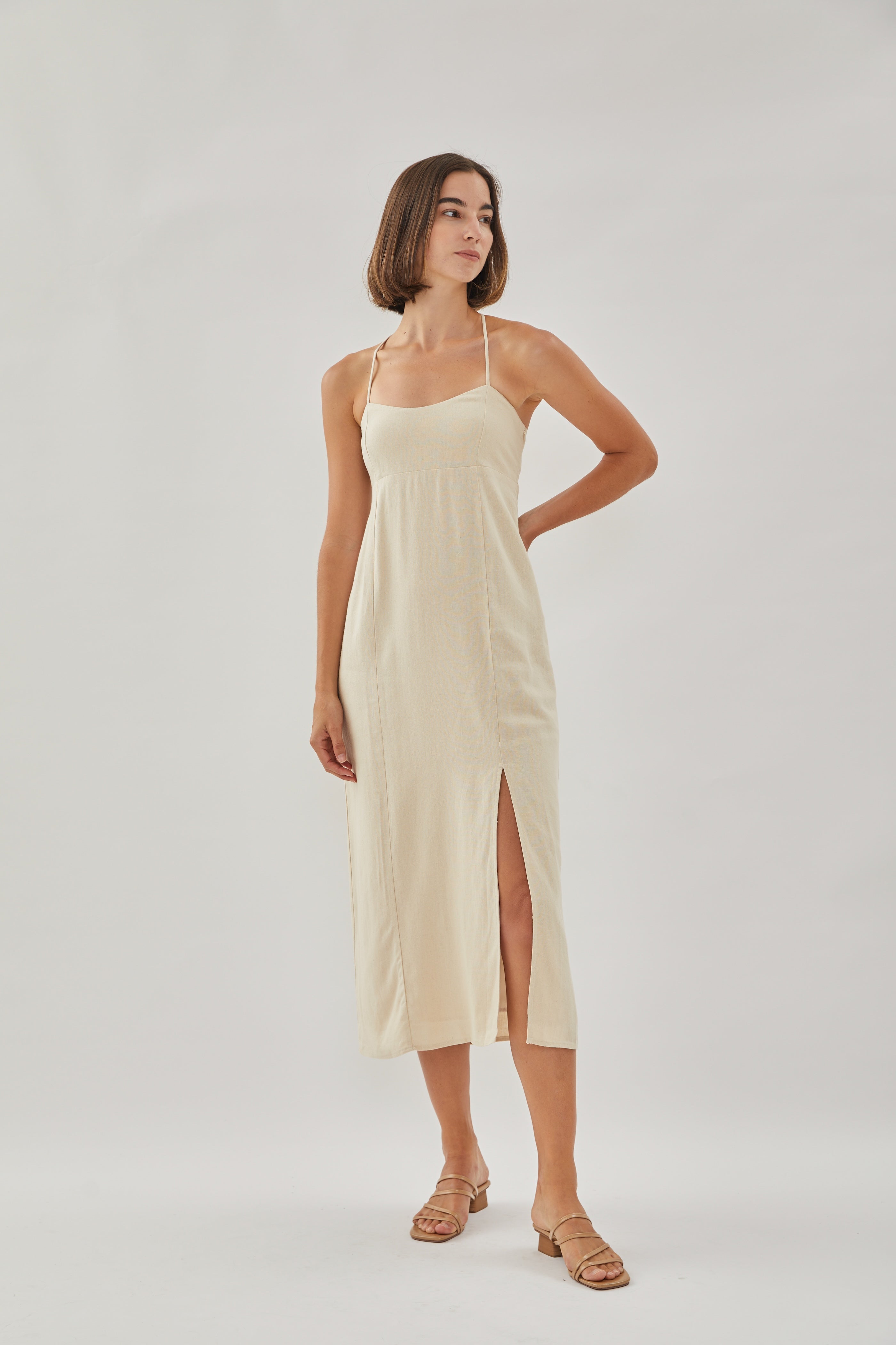 Crossback Linen Midi Dress in Oatmeal