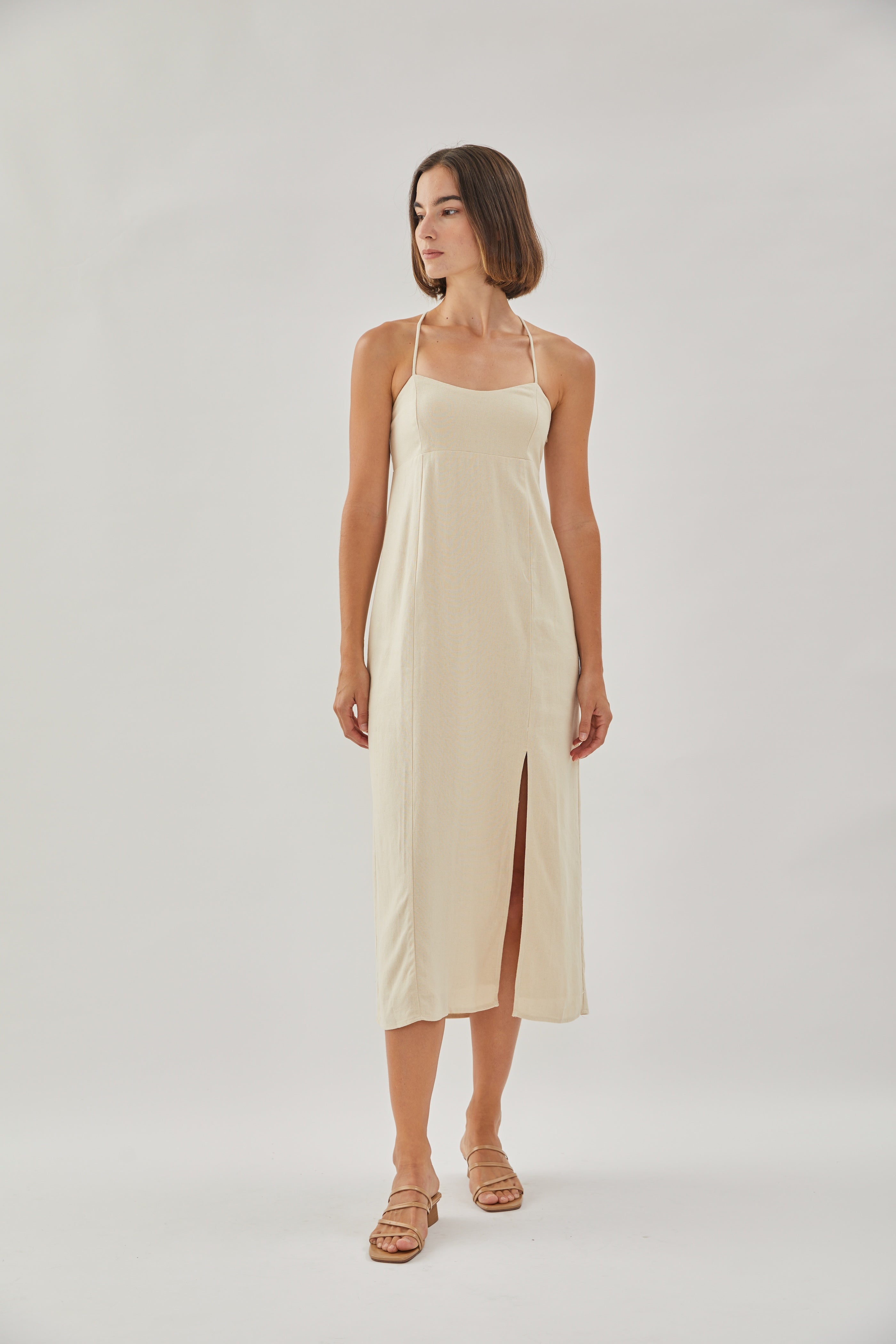 Crossback Linen Midi Dress in Oatmeal