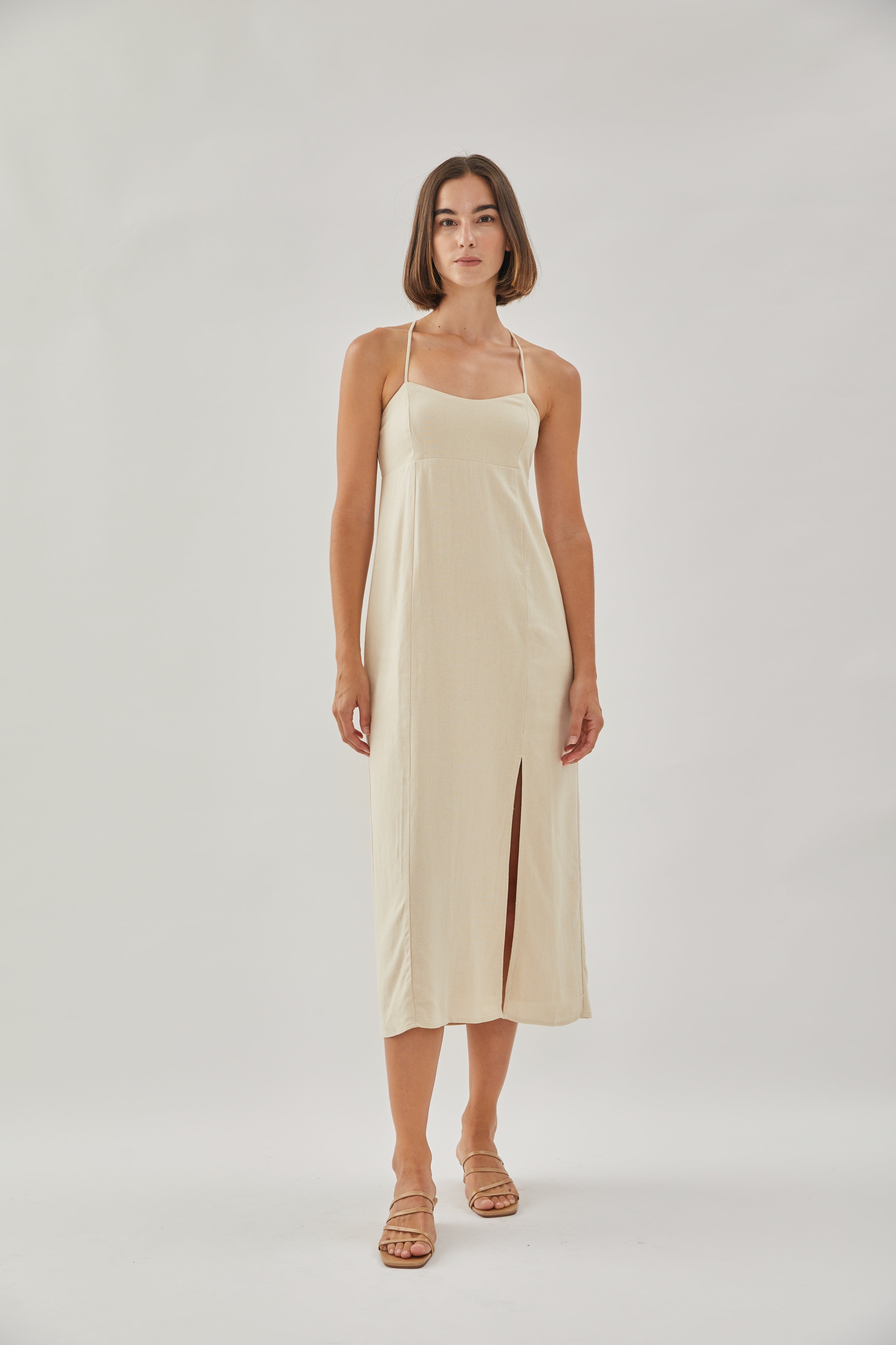 Crossback Linen Midi Dress in Oatmeal