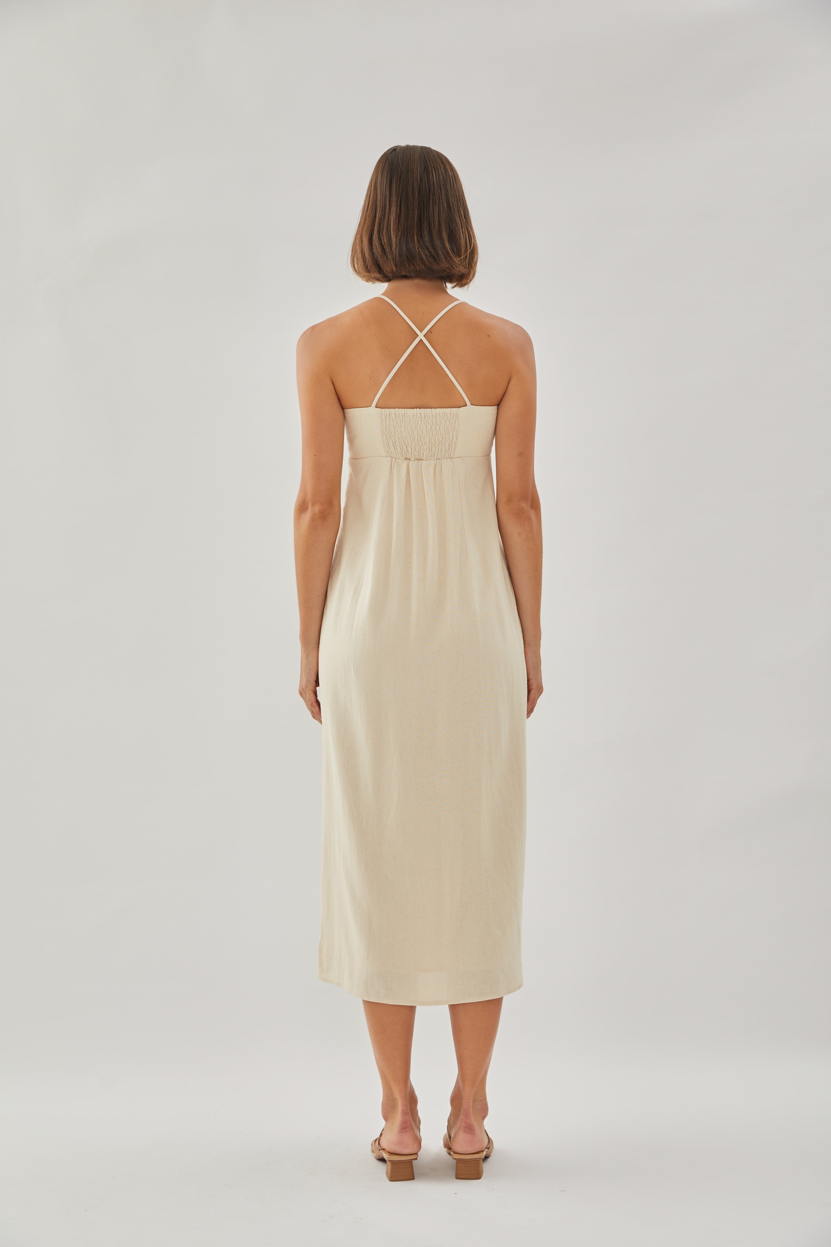 Crossback Linen Midi Dress in Oatmeal