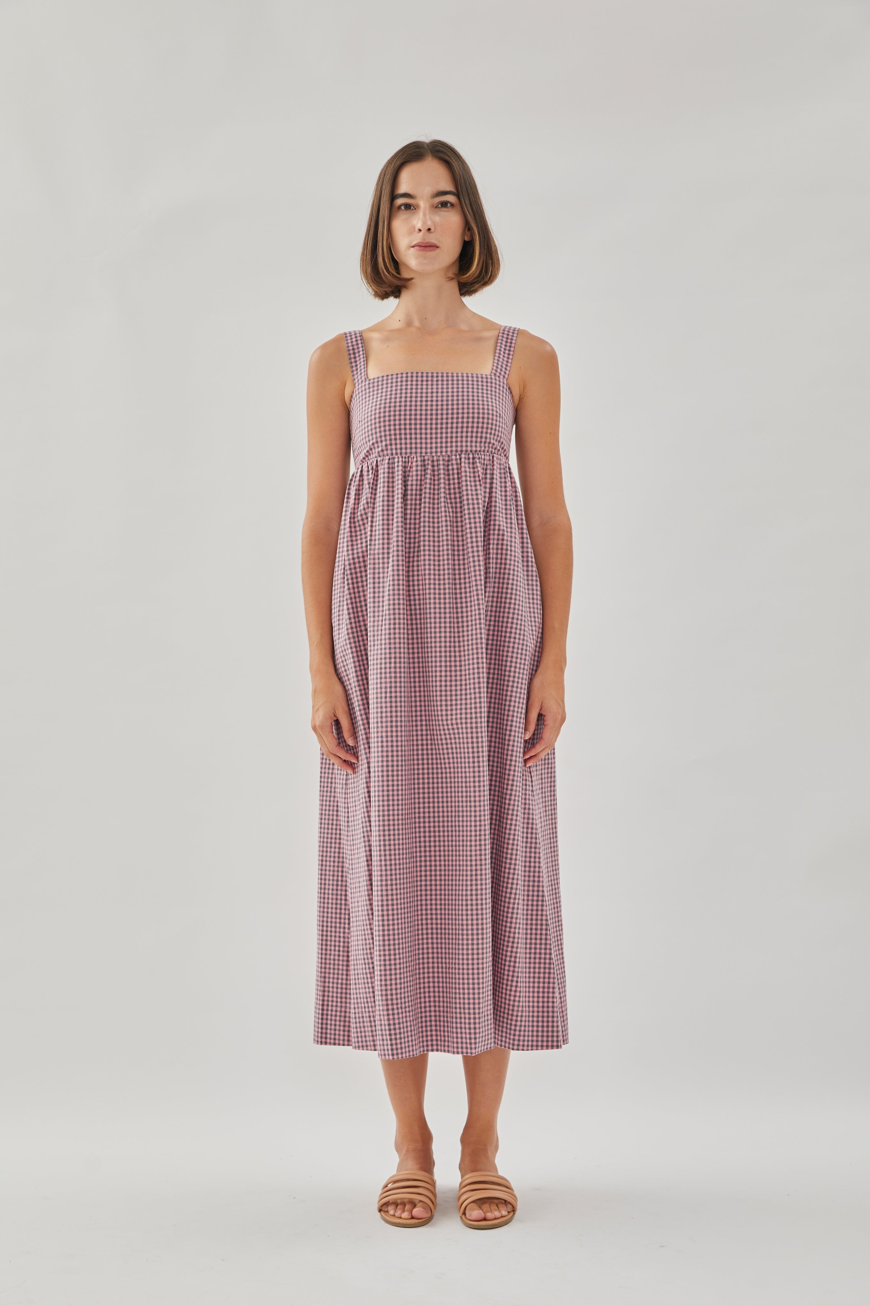 Square Neck Midi Dress in Gingham Pink