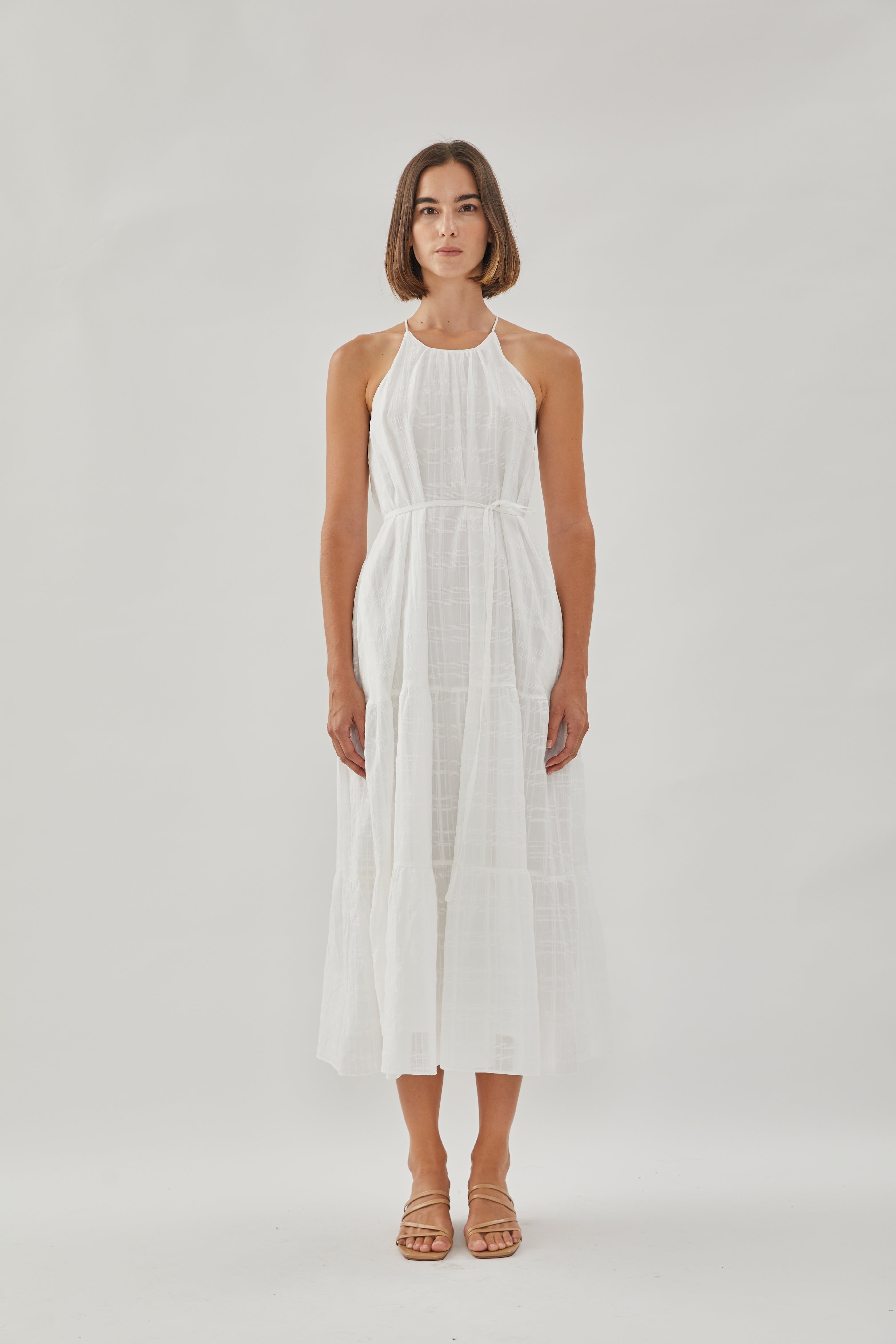 Halter Tiered Midi Dress in White
