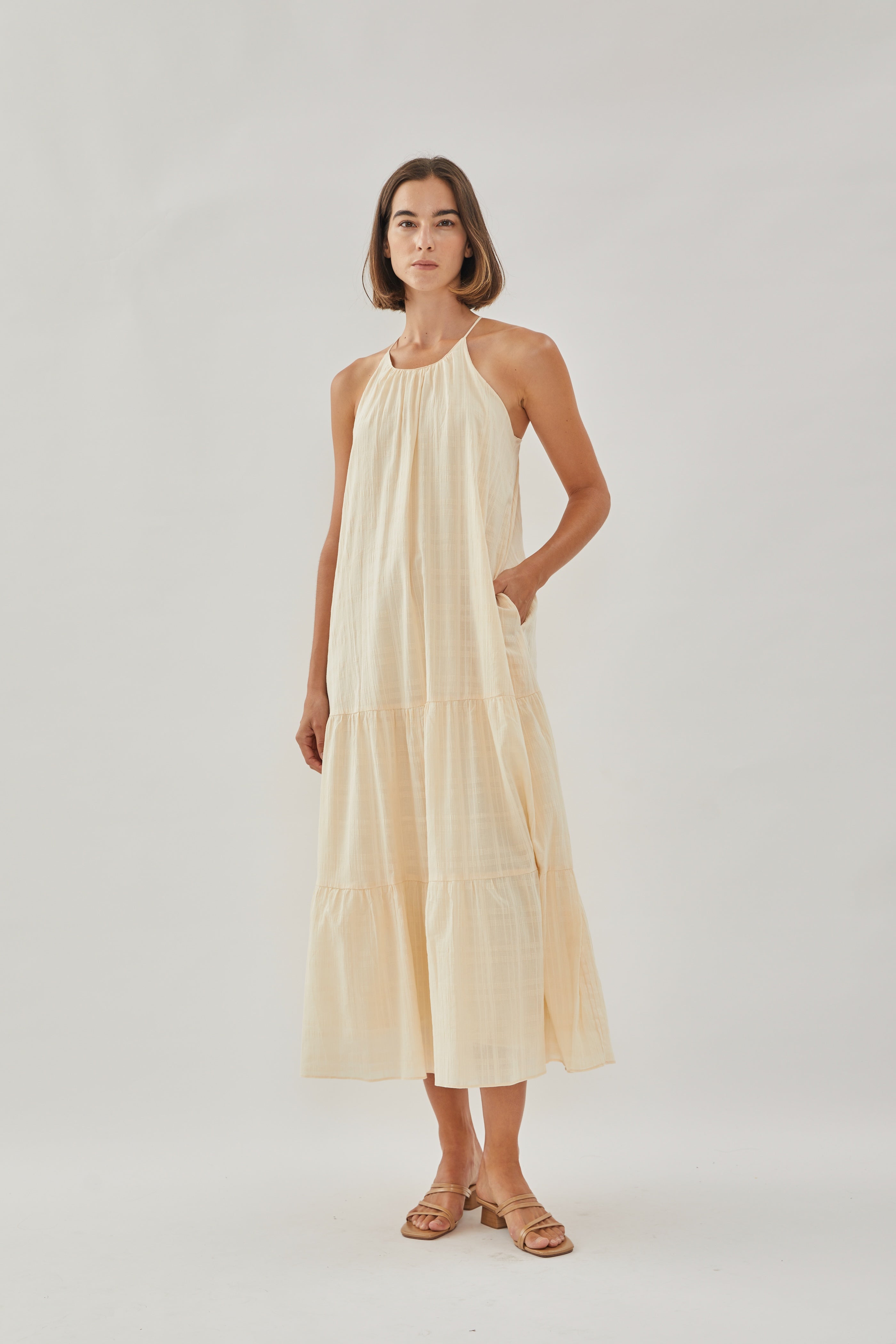 Halter Tiered Midi Dress in Oatmeal
