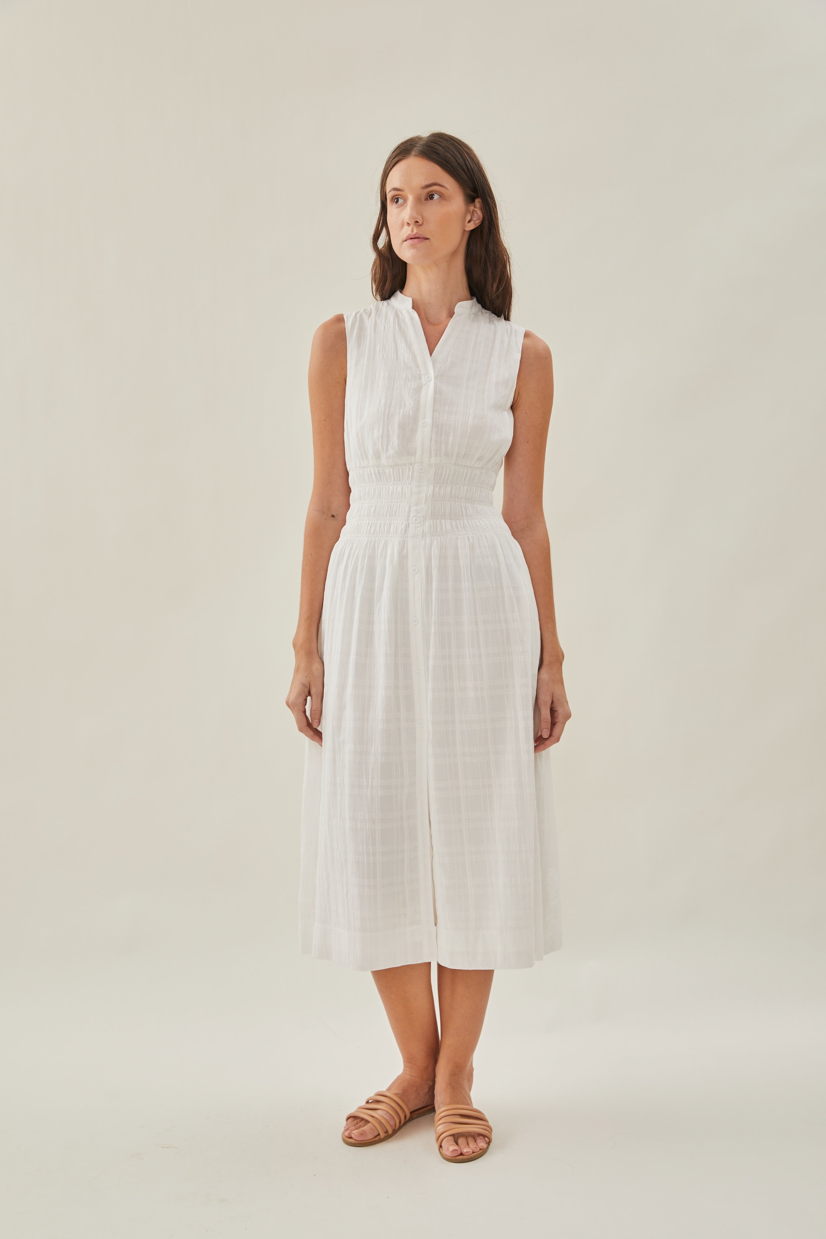 Buttoned-down Shirred Midi Dress in White