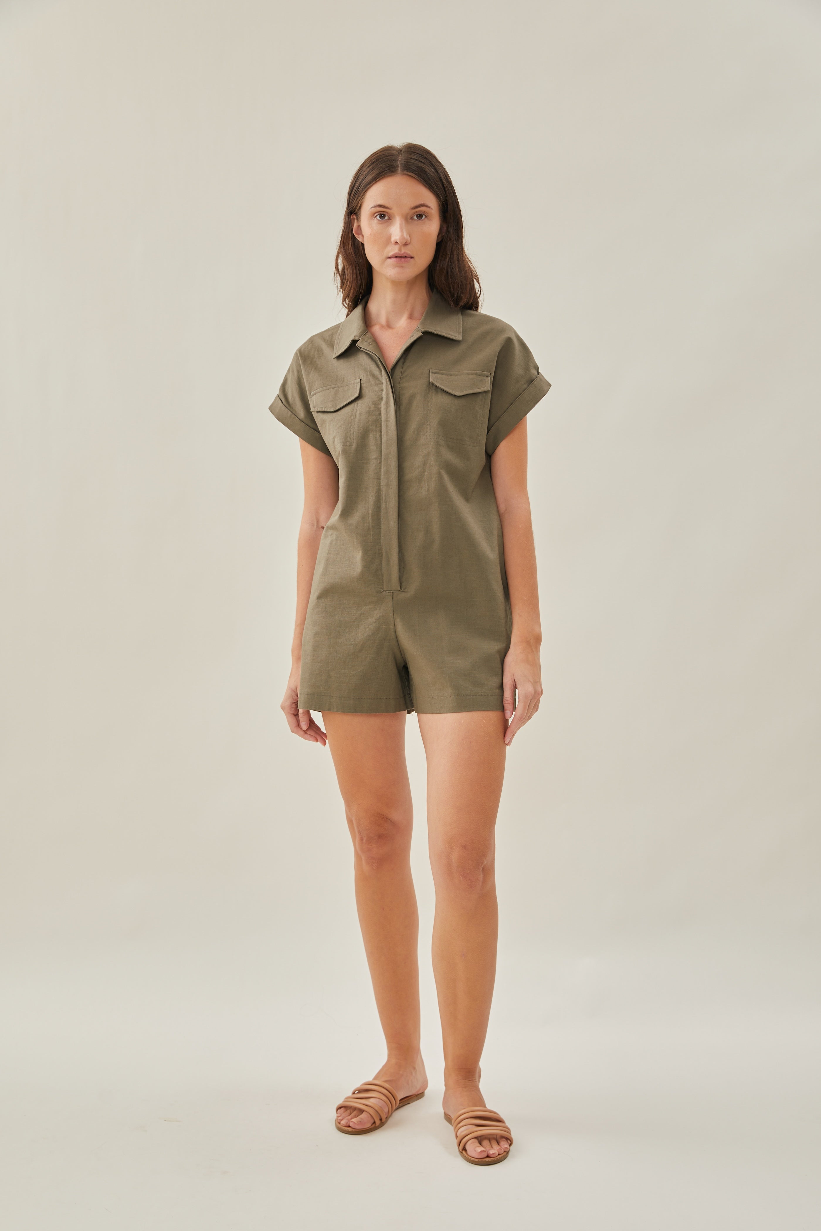 Shirt Linen Romper in Moss