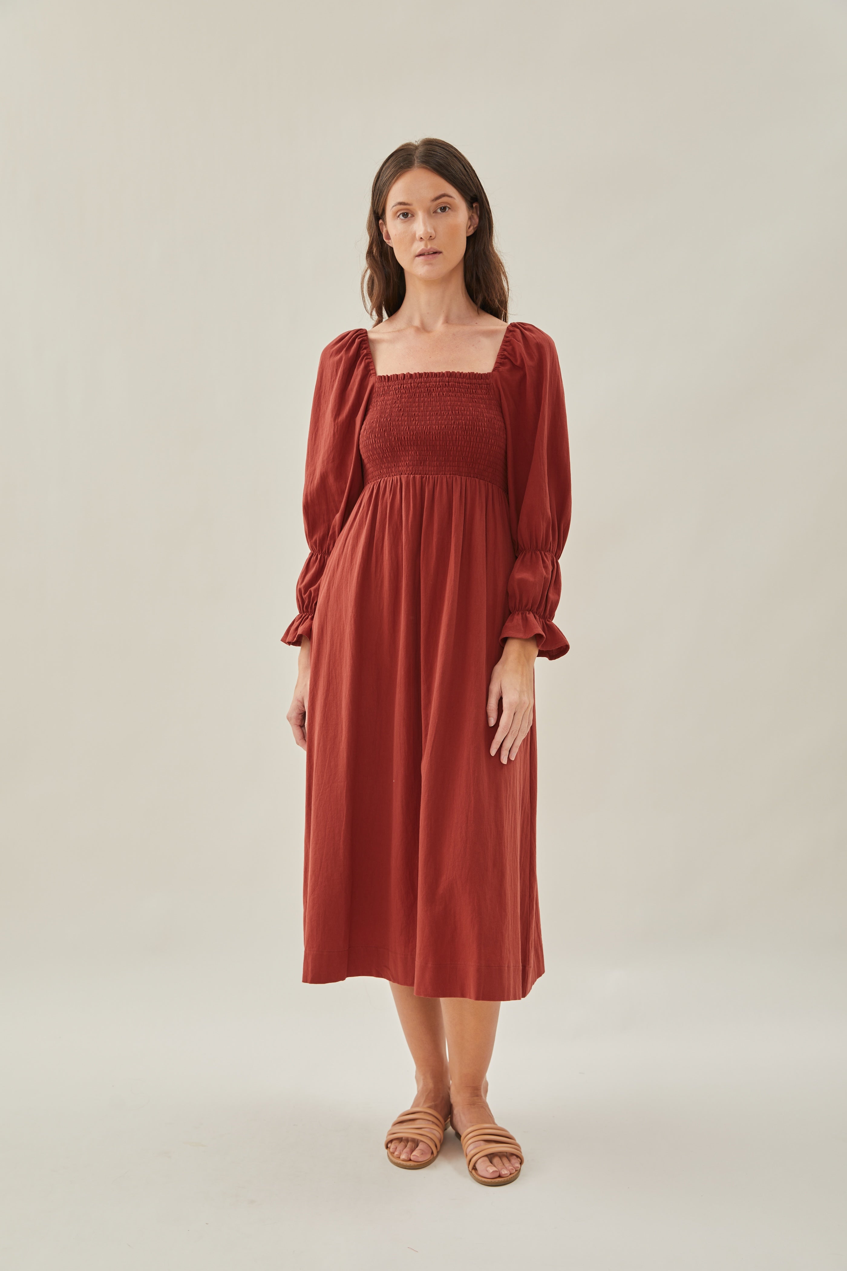 Cotton Shirred Midi Dress in Sienna
