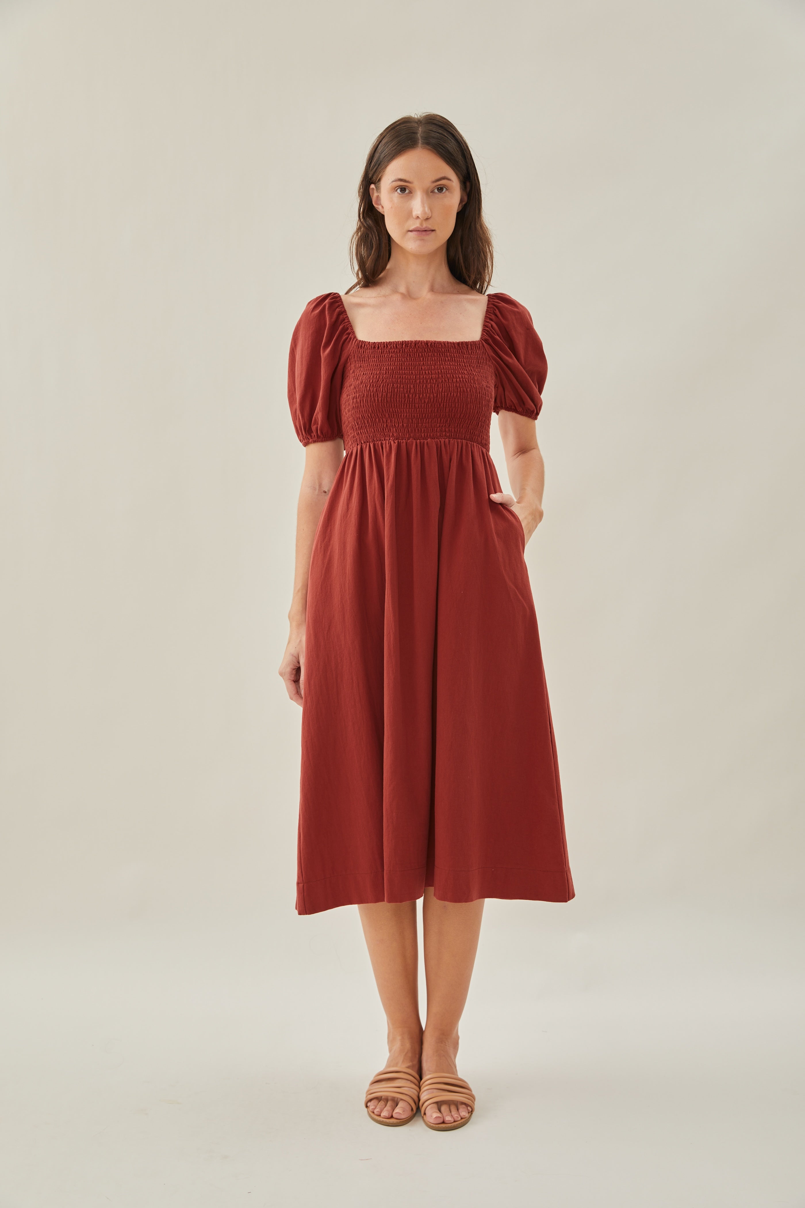 Puffed Sleeved Shirred Midi Dress in Sienna
