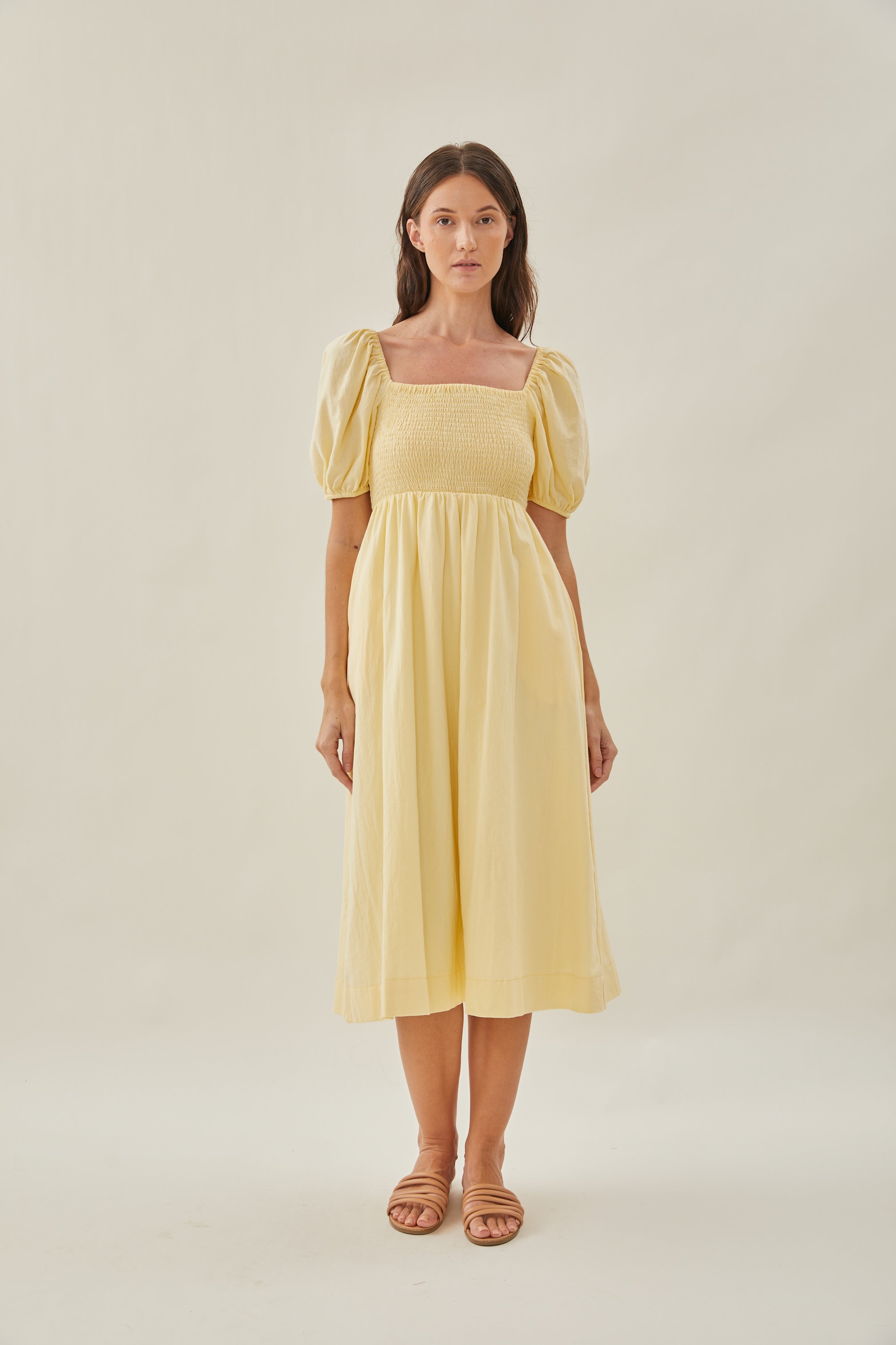 Puffed Sleeved Shirred Midi Dress in Soft Yellow