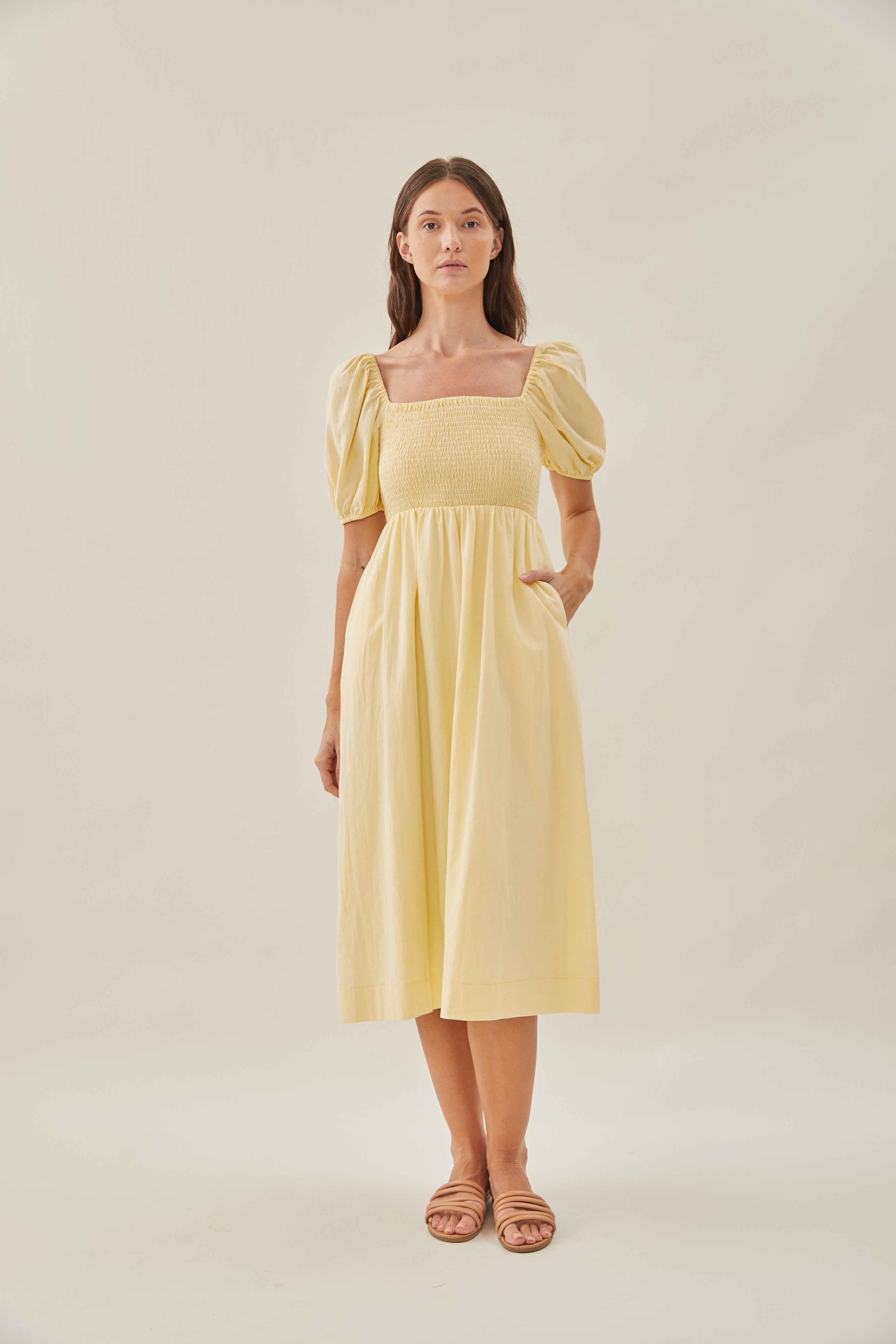 Puffed Sleeved Shirred Midi Dress in Soft Yellow