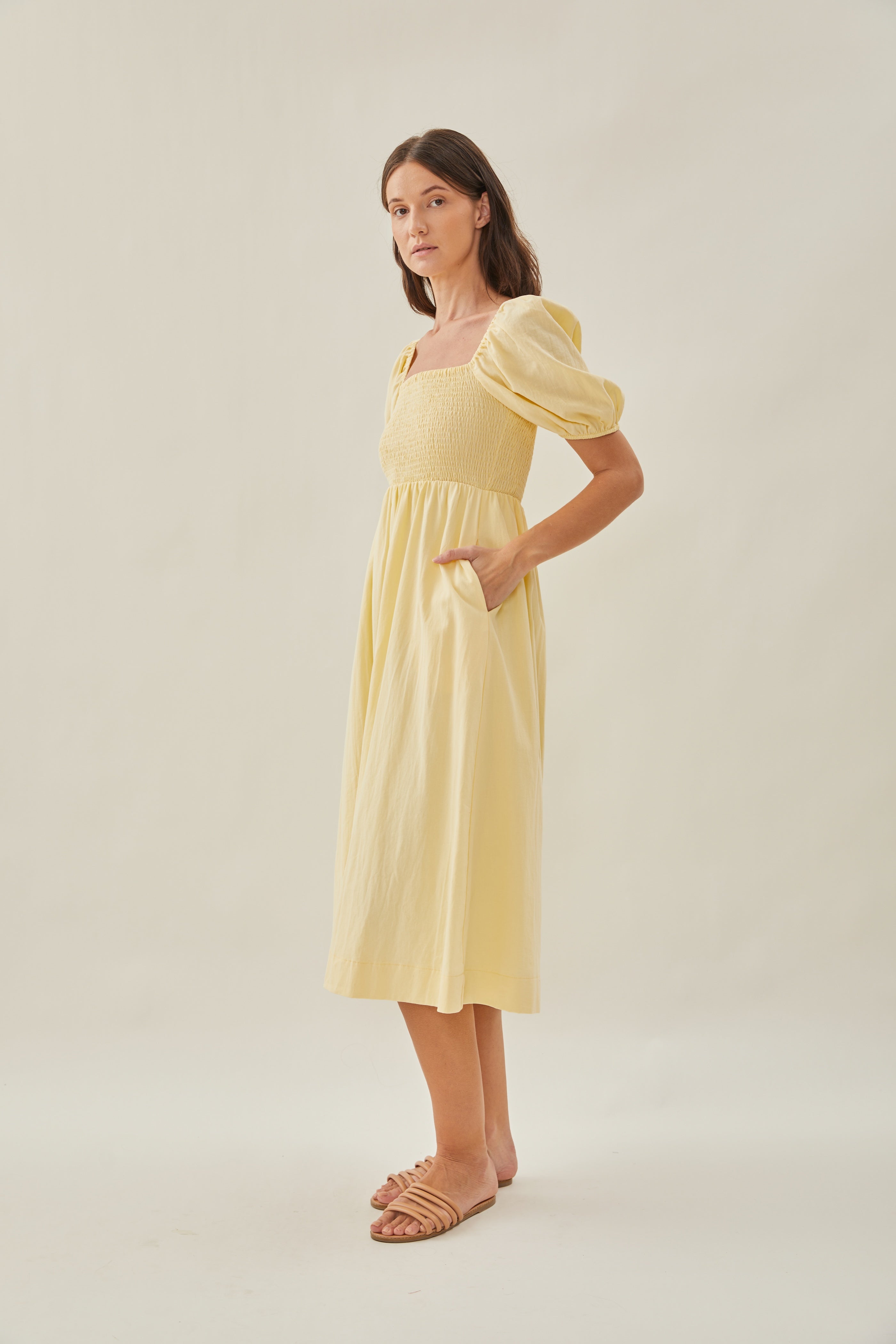Puffed Sleeved Shirred Midi Dress in Soft Yellow