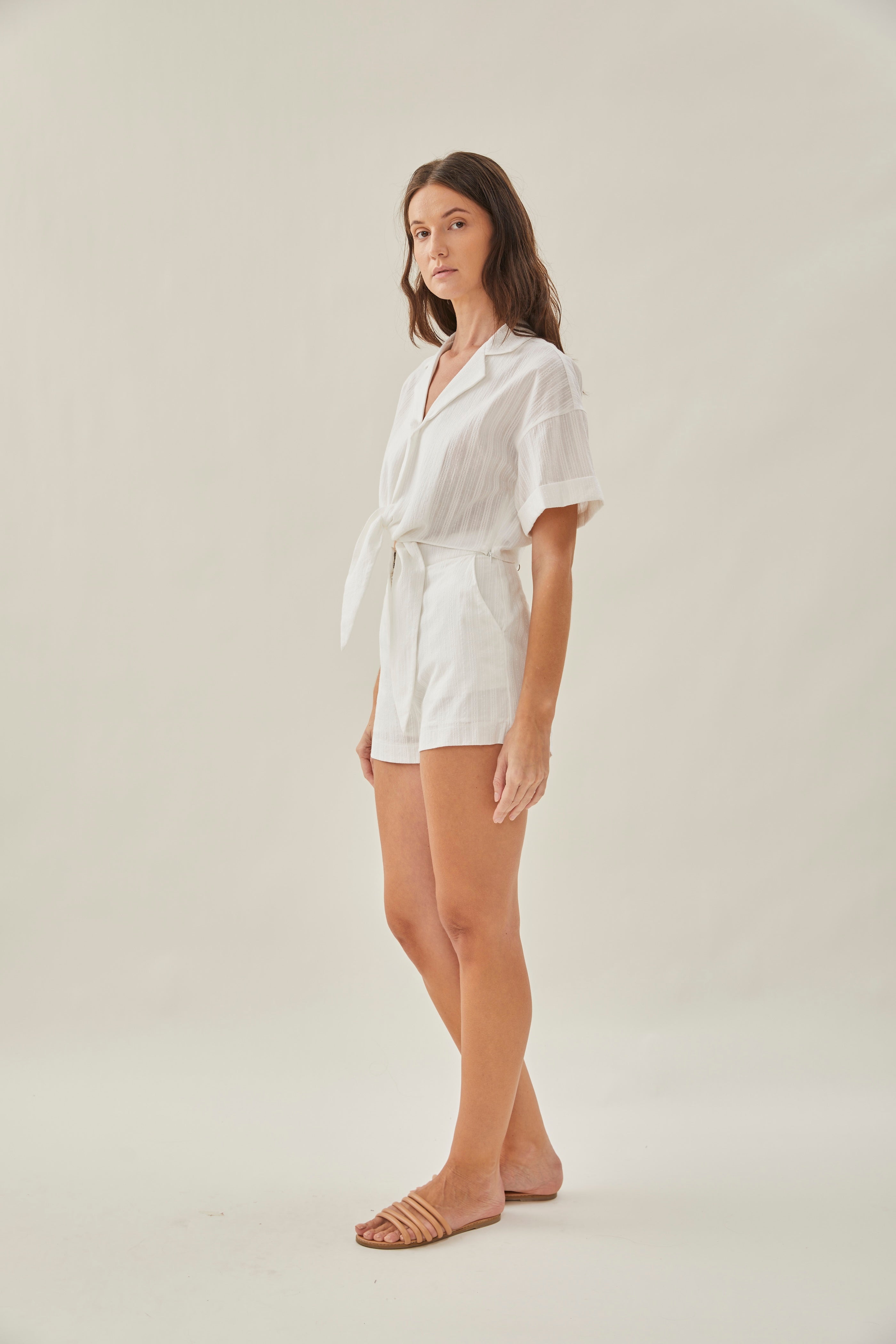 Embroidered Knotted Shirt in Textured White