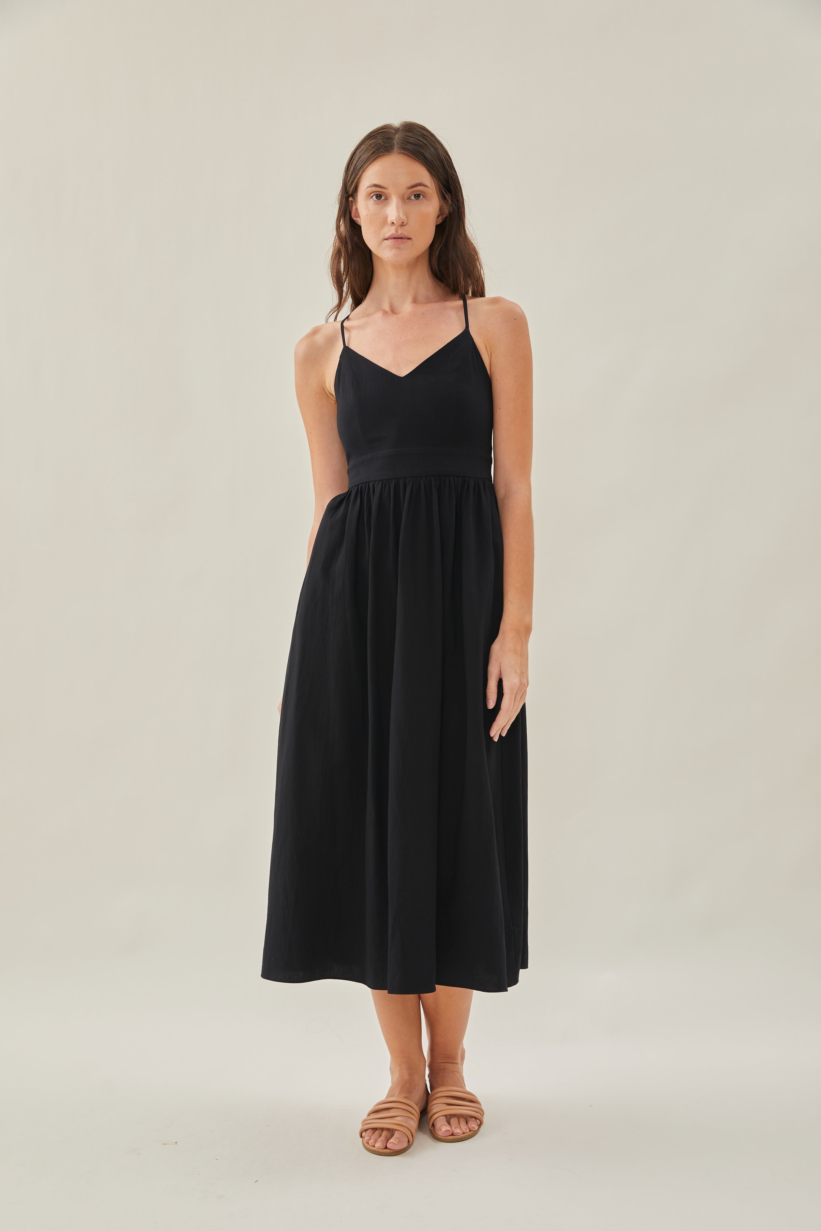 Crossback Cotton Midi Dress in Black