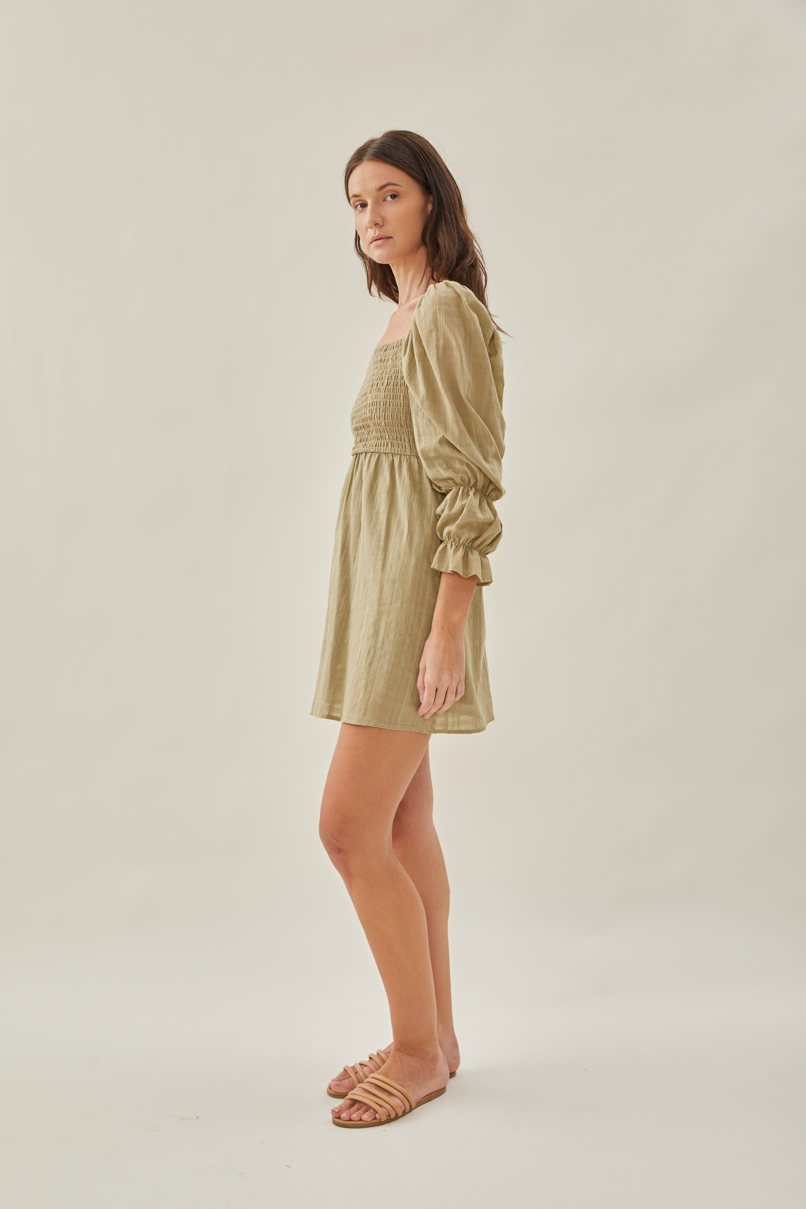 Textured Cotton Shirred Mini Dress in Muted Moss