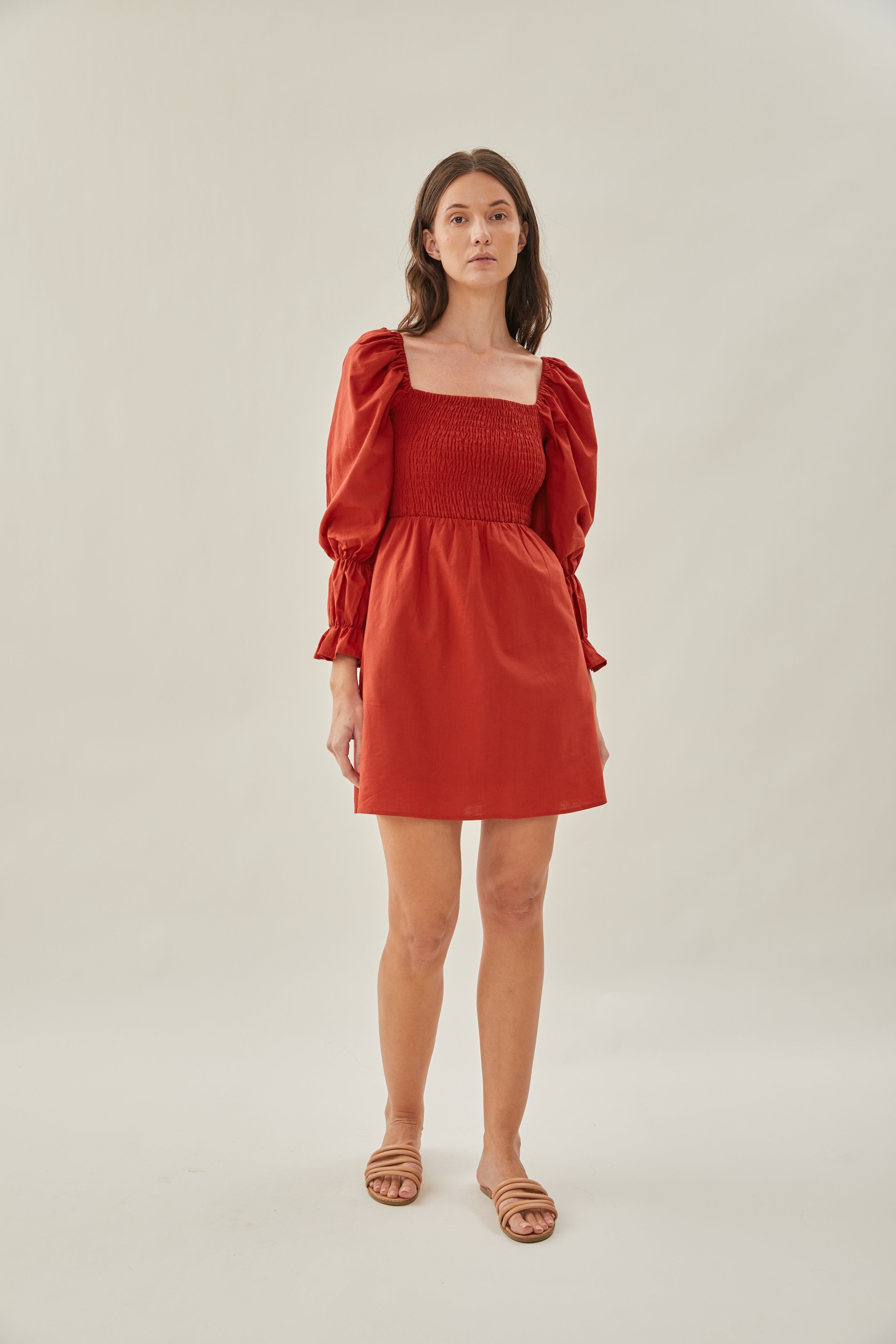 Linen Shirred Mini Dress in Poppy Red