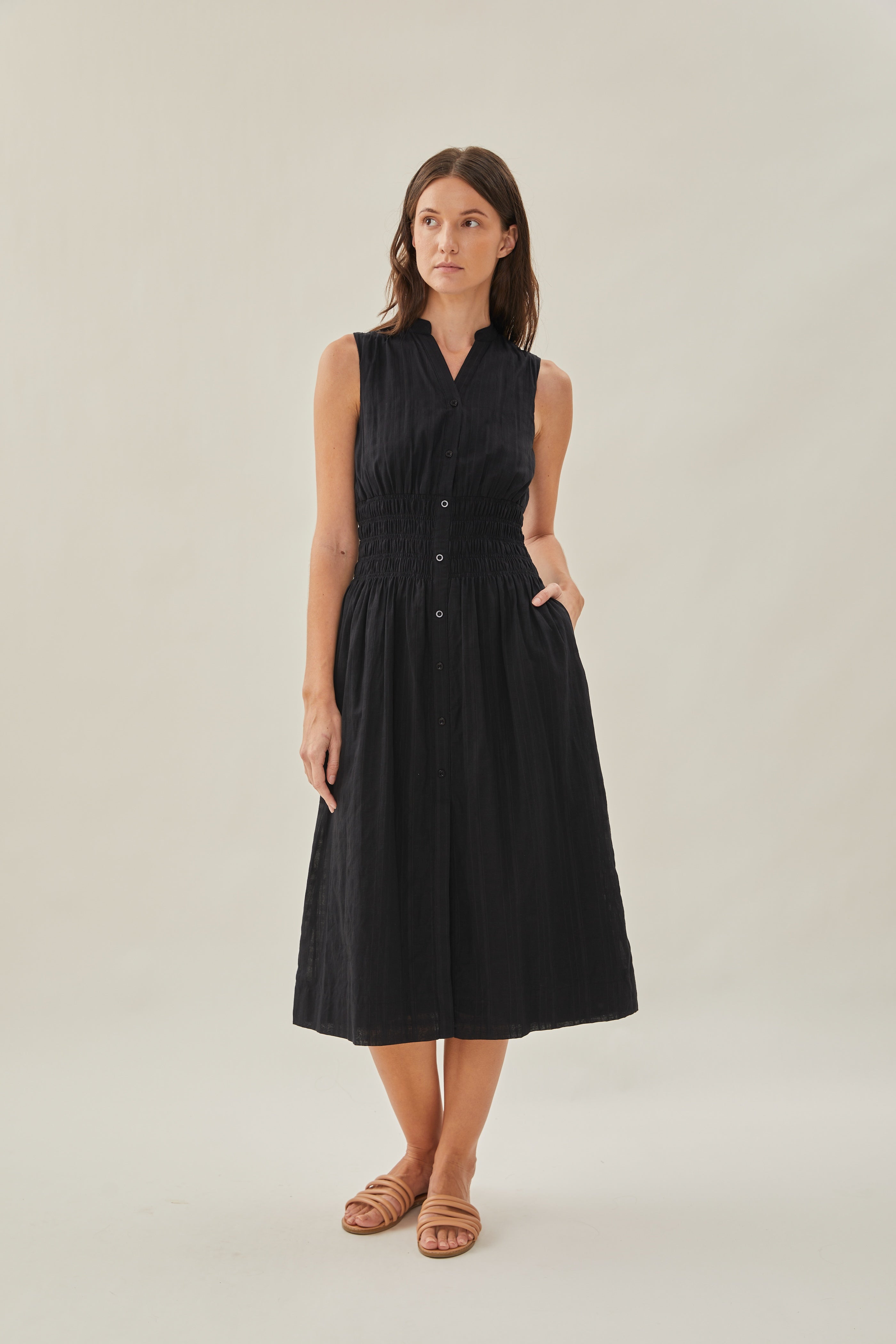 Buttoned-down Shirred Midi Dress in Black