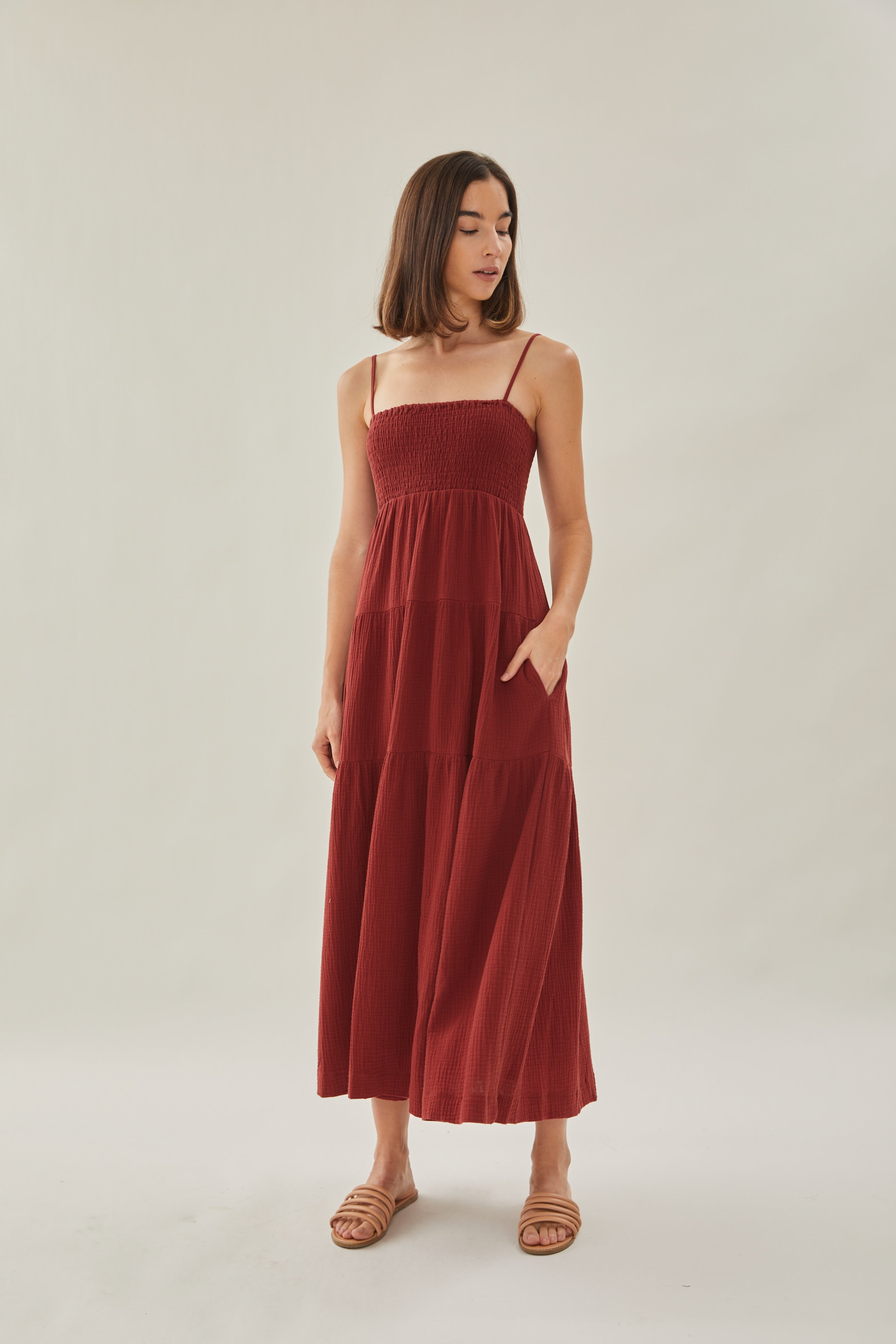 Shirred Maxi Dress in Cherry Red