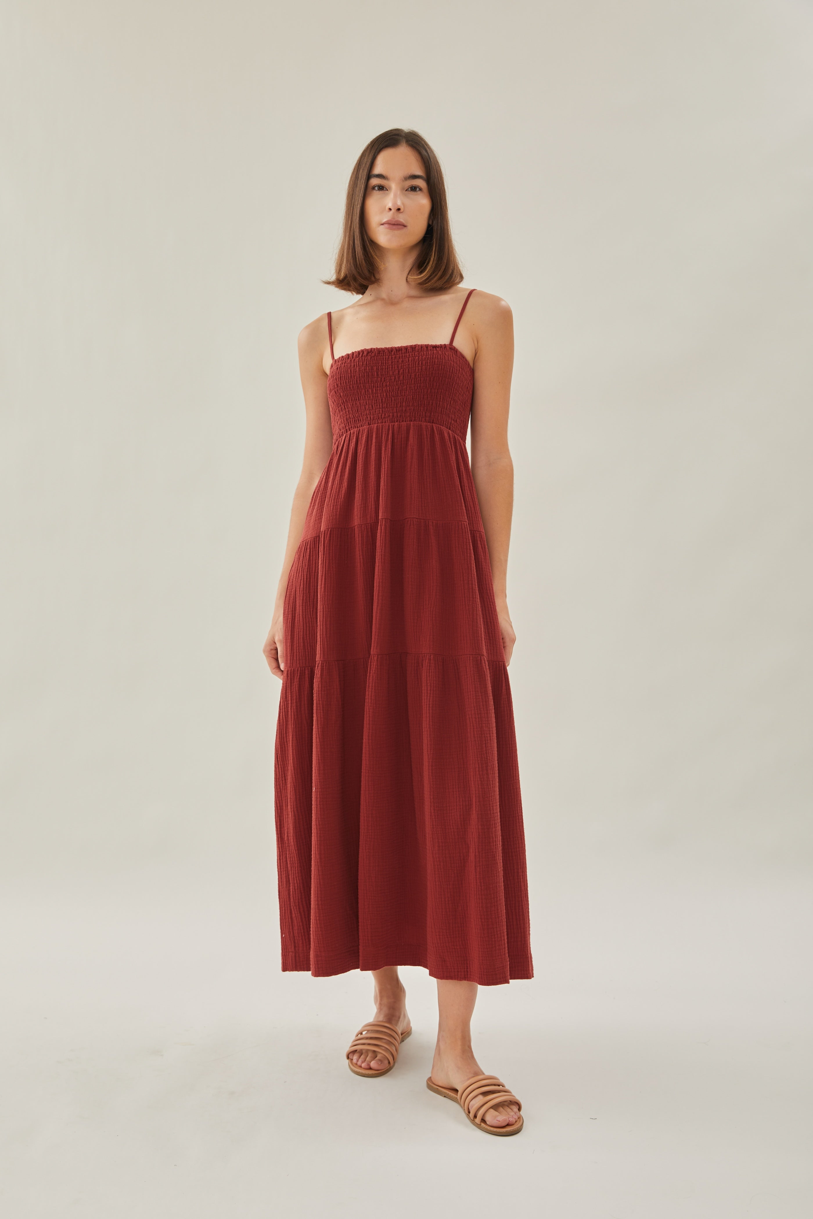 Shirred Maxi Dress in Cherry Red