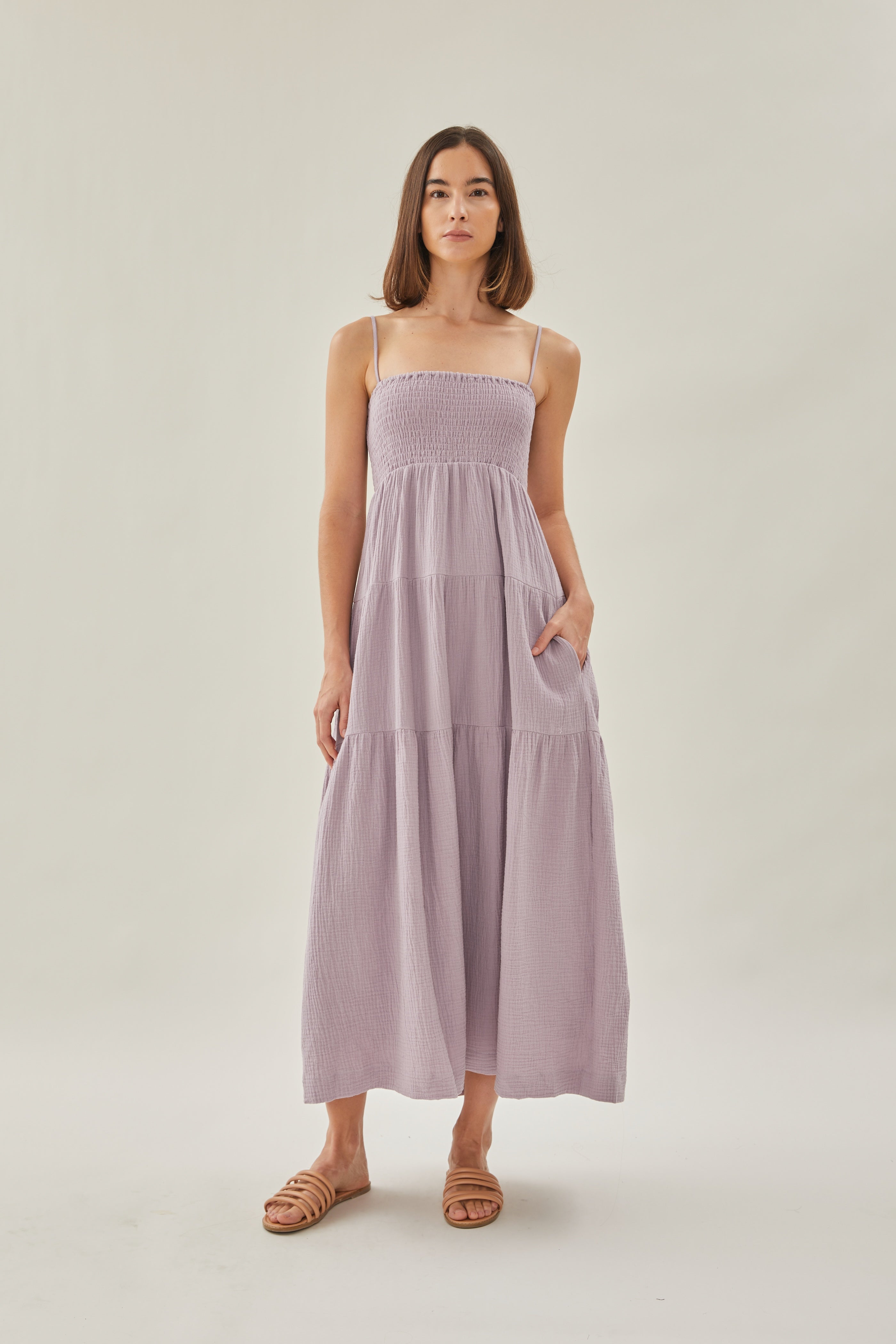 Shirred Maxi Dress in Deep Mauve