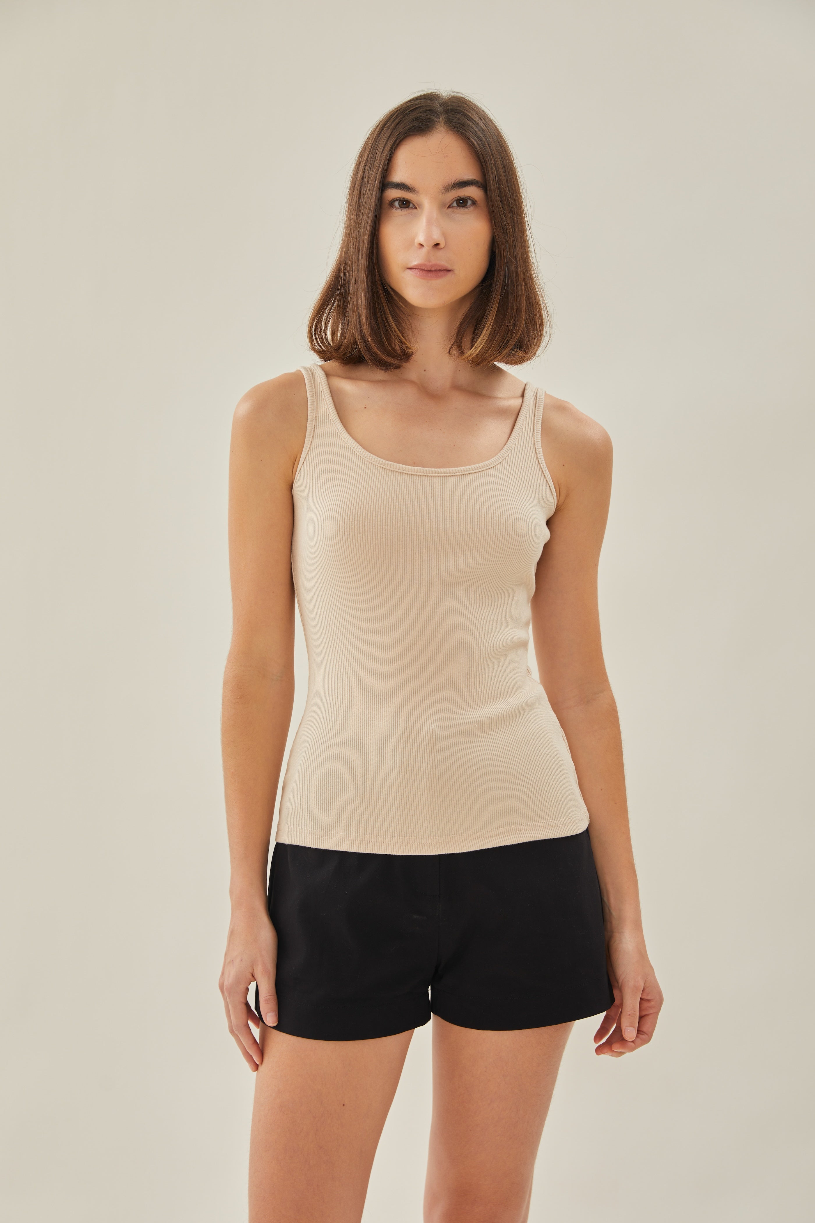 Scoop Ribbed Tank in Beige