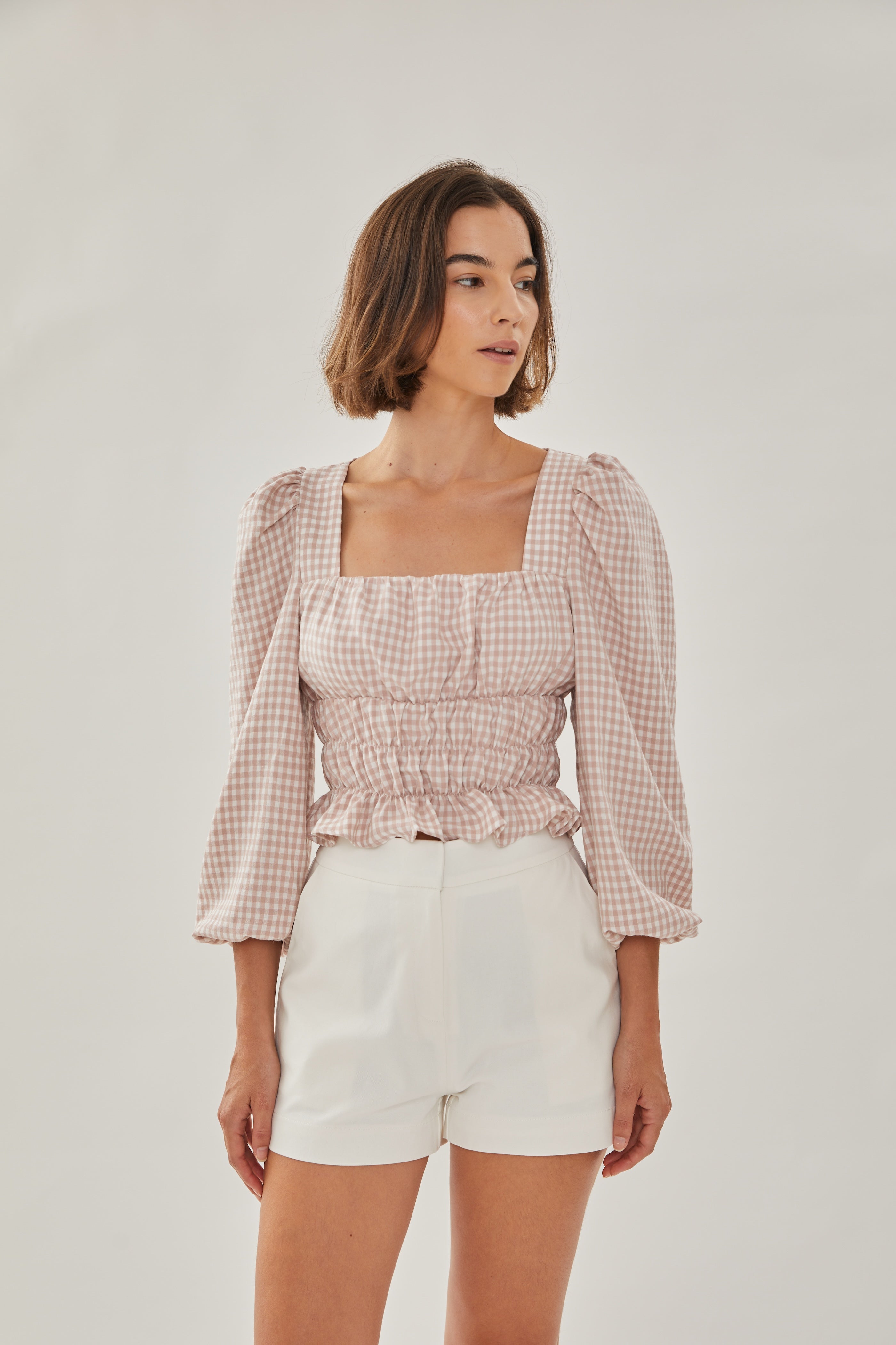 Sleeved Ruffle Top in Gingham Pink
