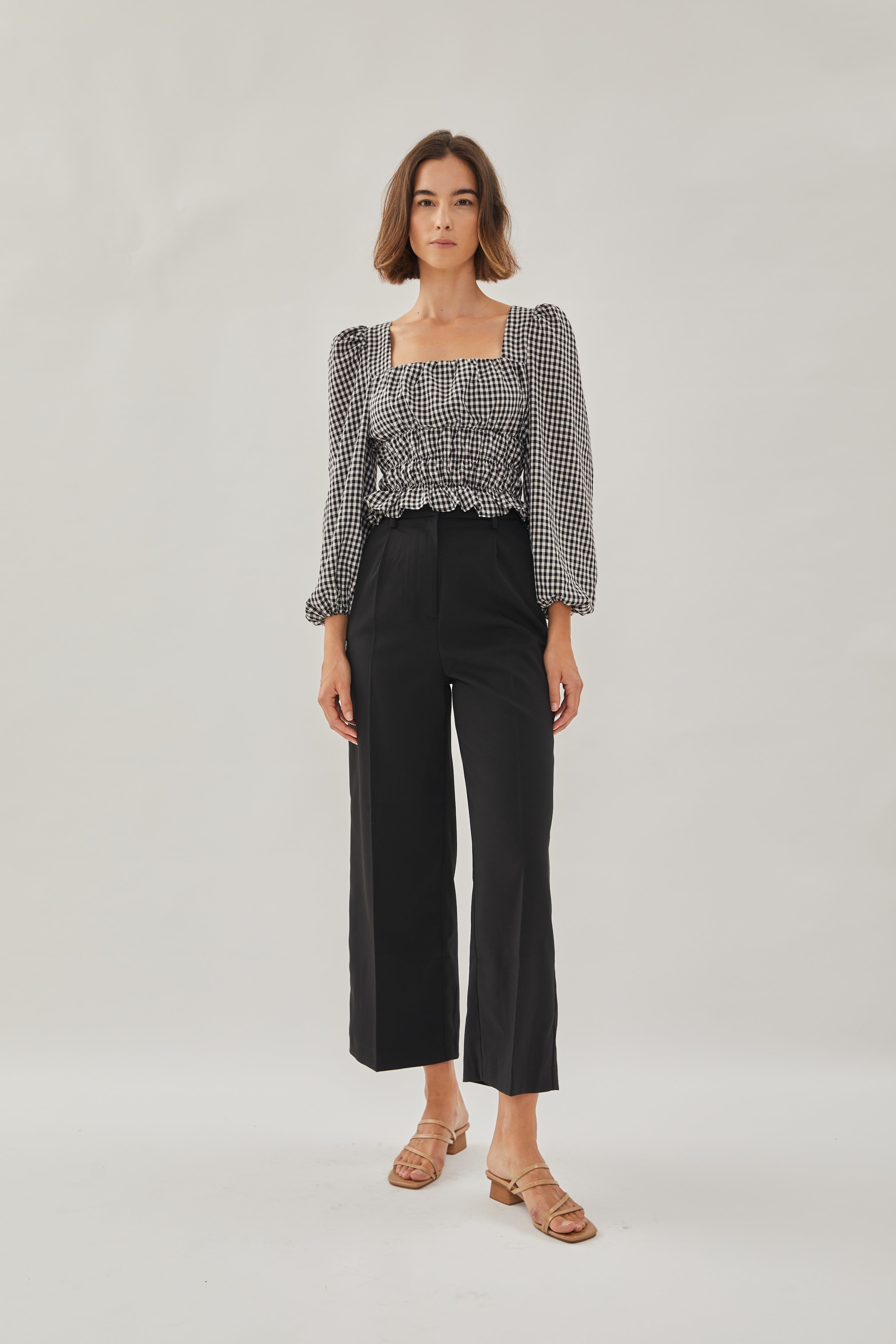 Sleeved Ruffle Top in Gingham Black