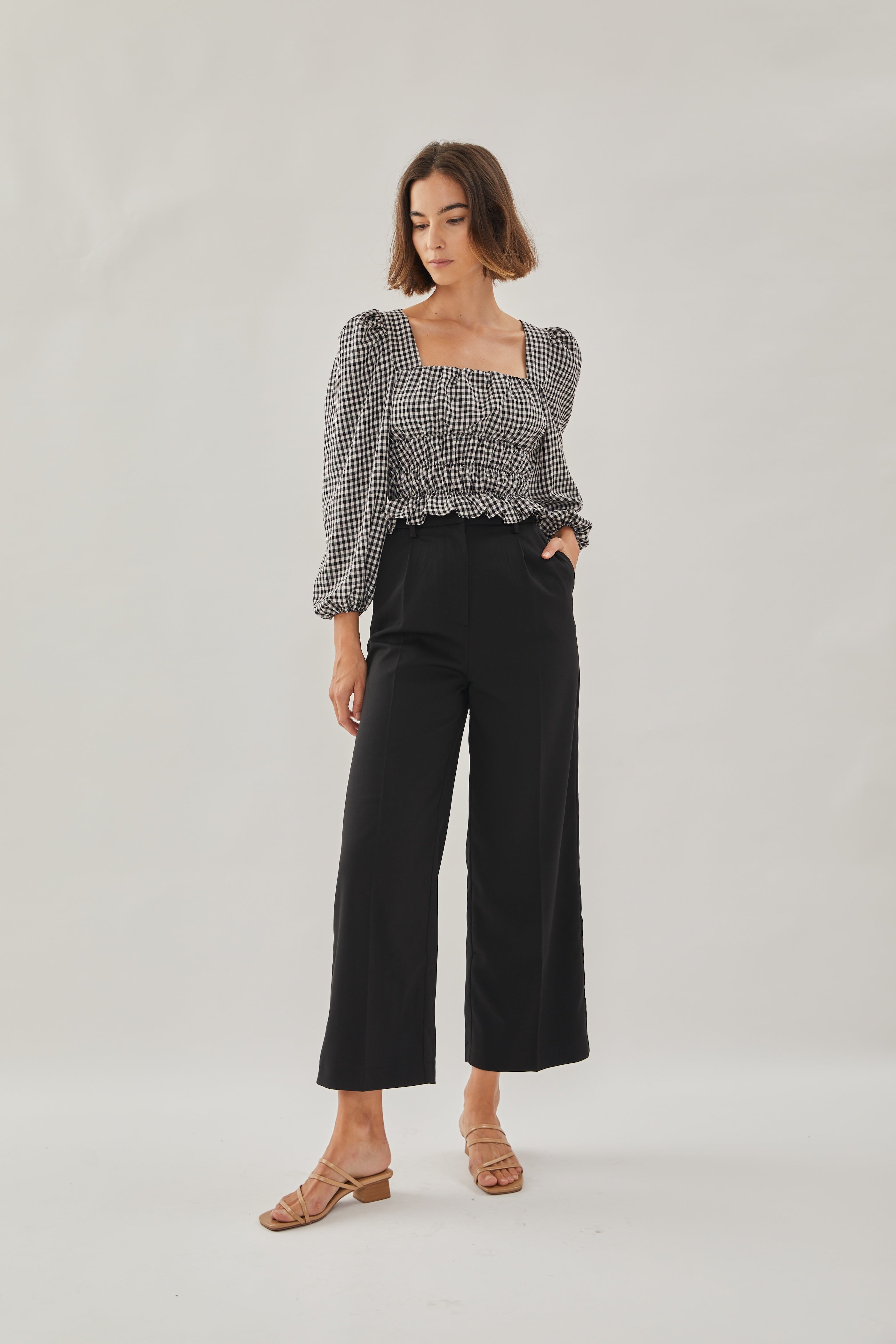 Sleeved Ruffle Top in Gingham Black