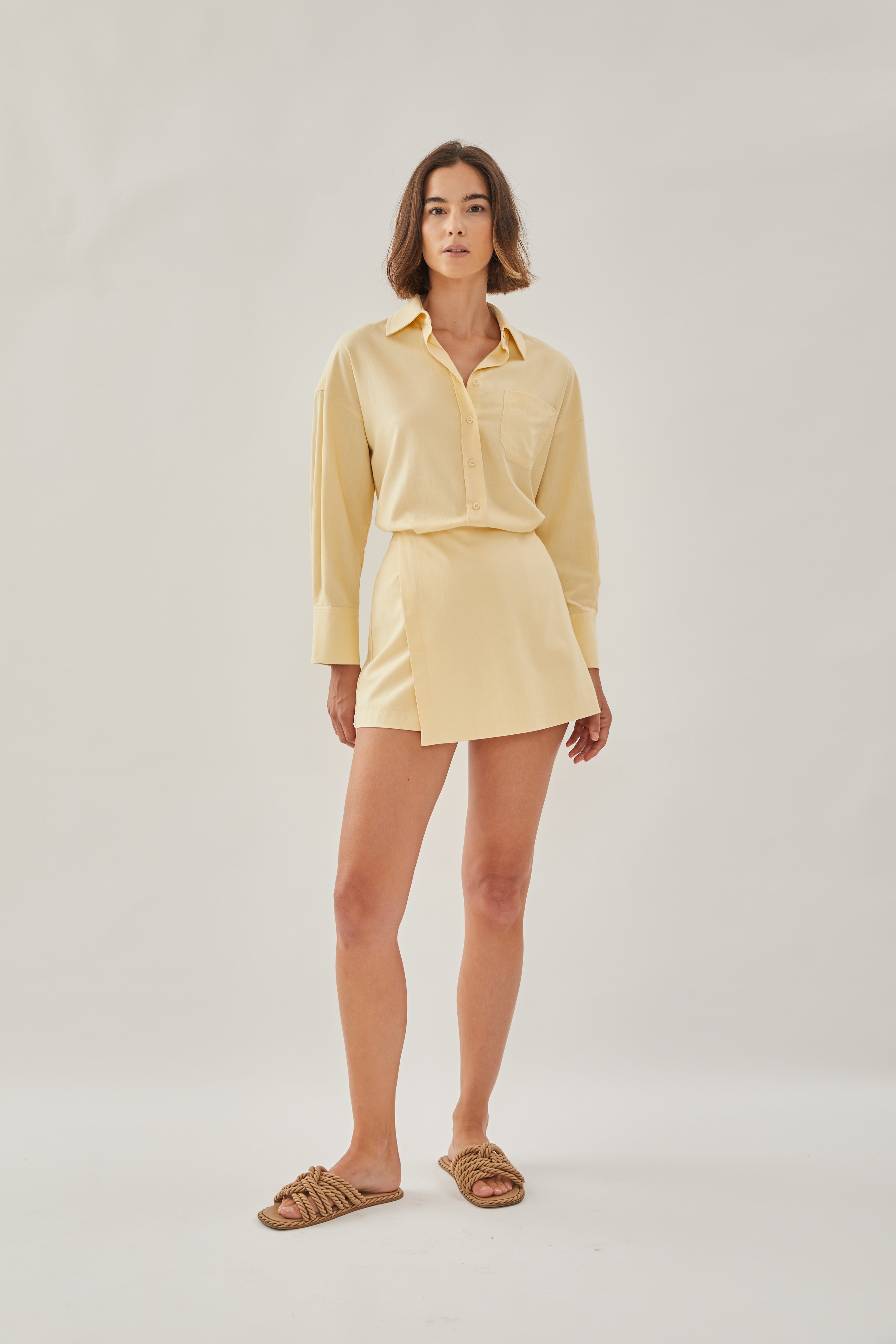Linen Wrap Skort in Soft Yellow