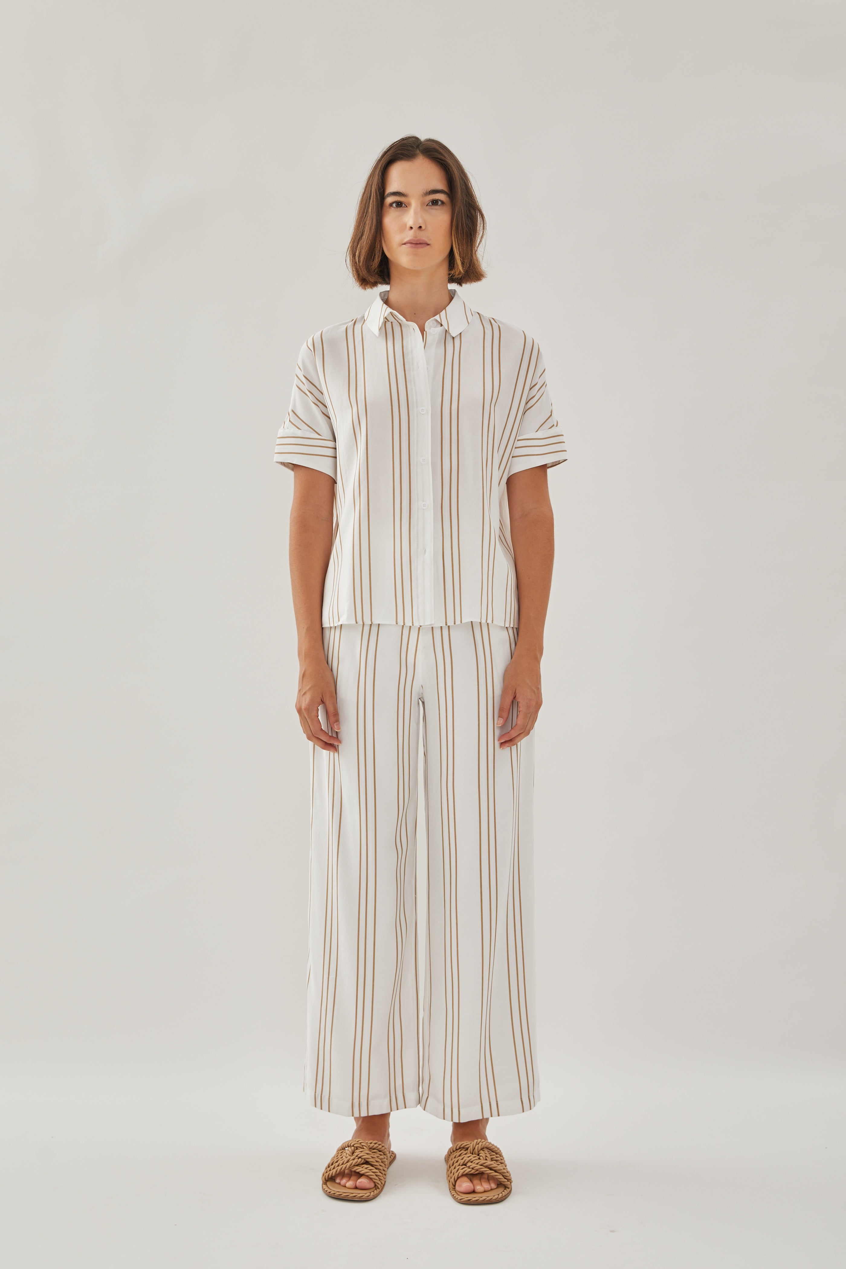 On the Hillside Shirt in Stripe Tan