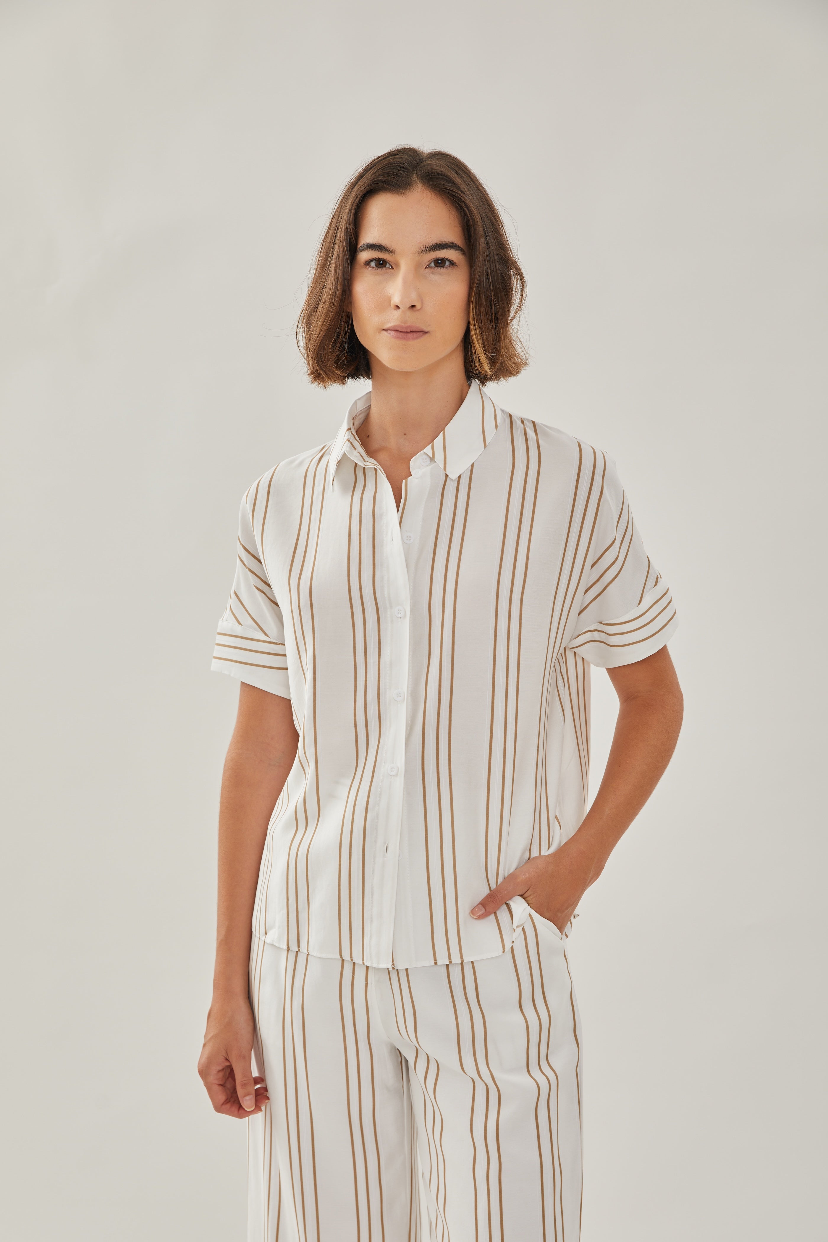 On the Hillside Shirt in Stripe Tan