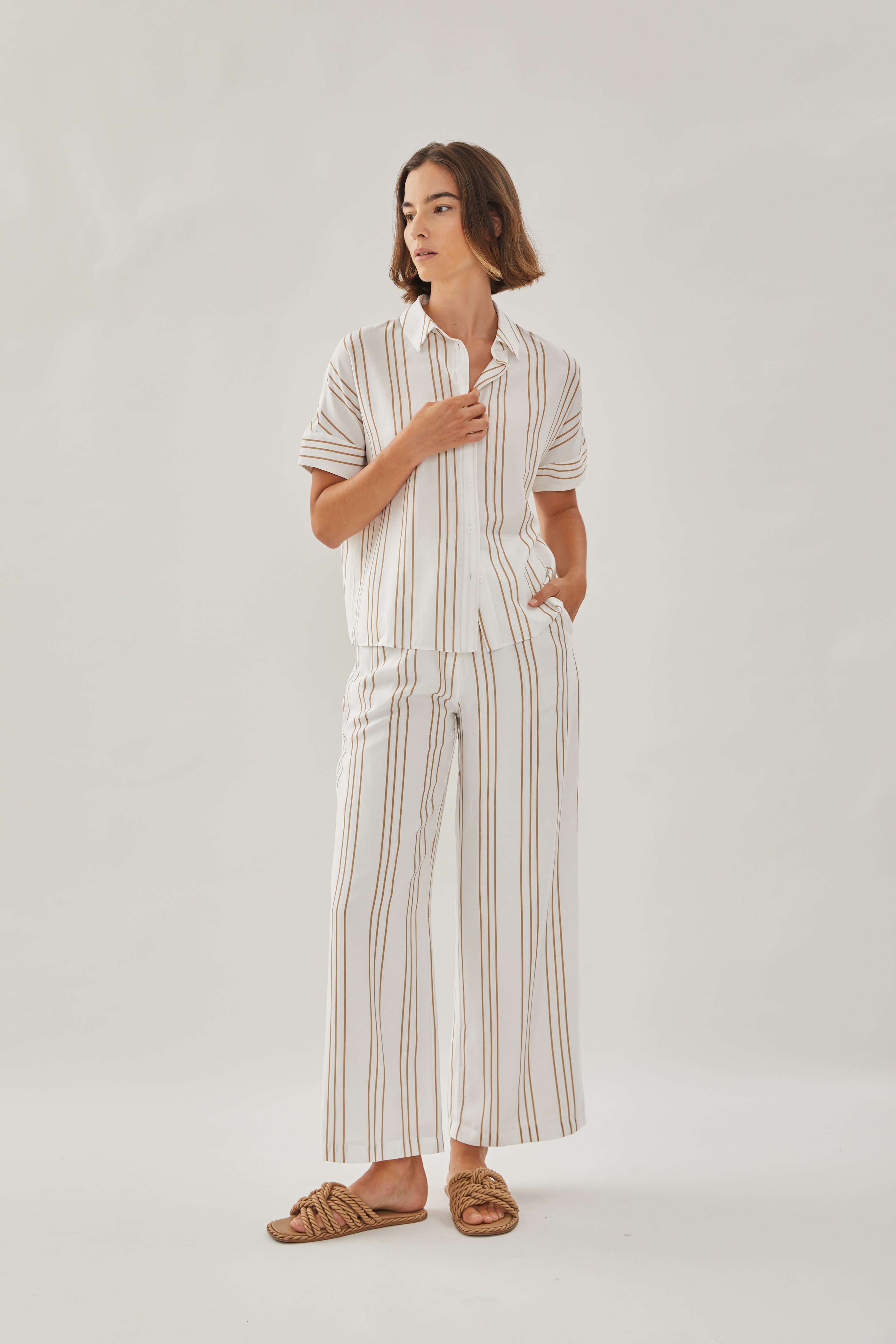 On the Hillside Shirt in Stripe Tan
