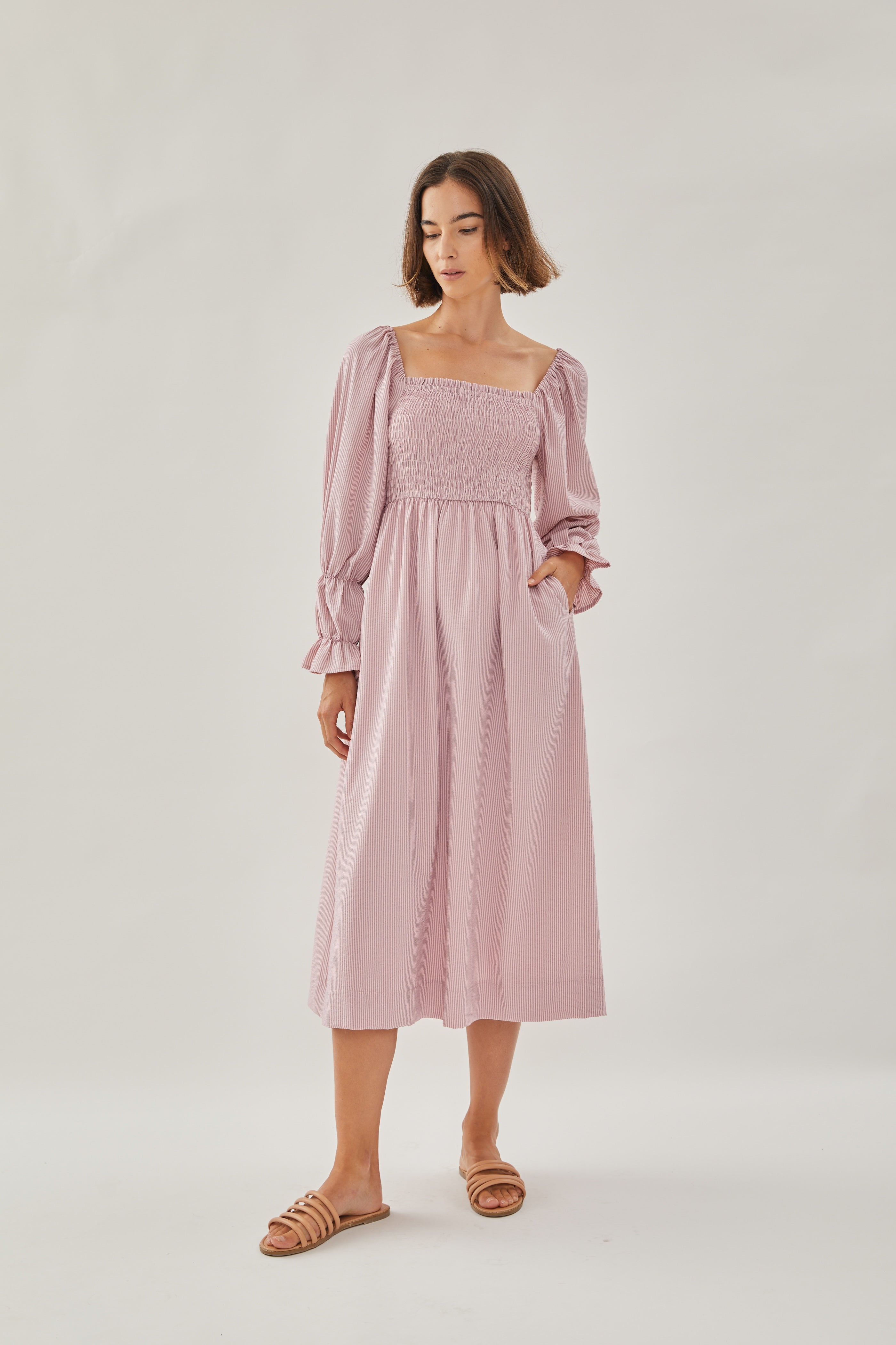 Shirred Midi Dress in Stripe Pink