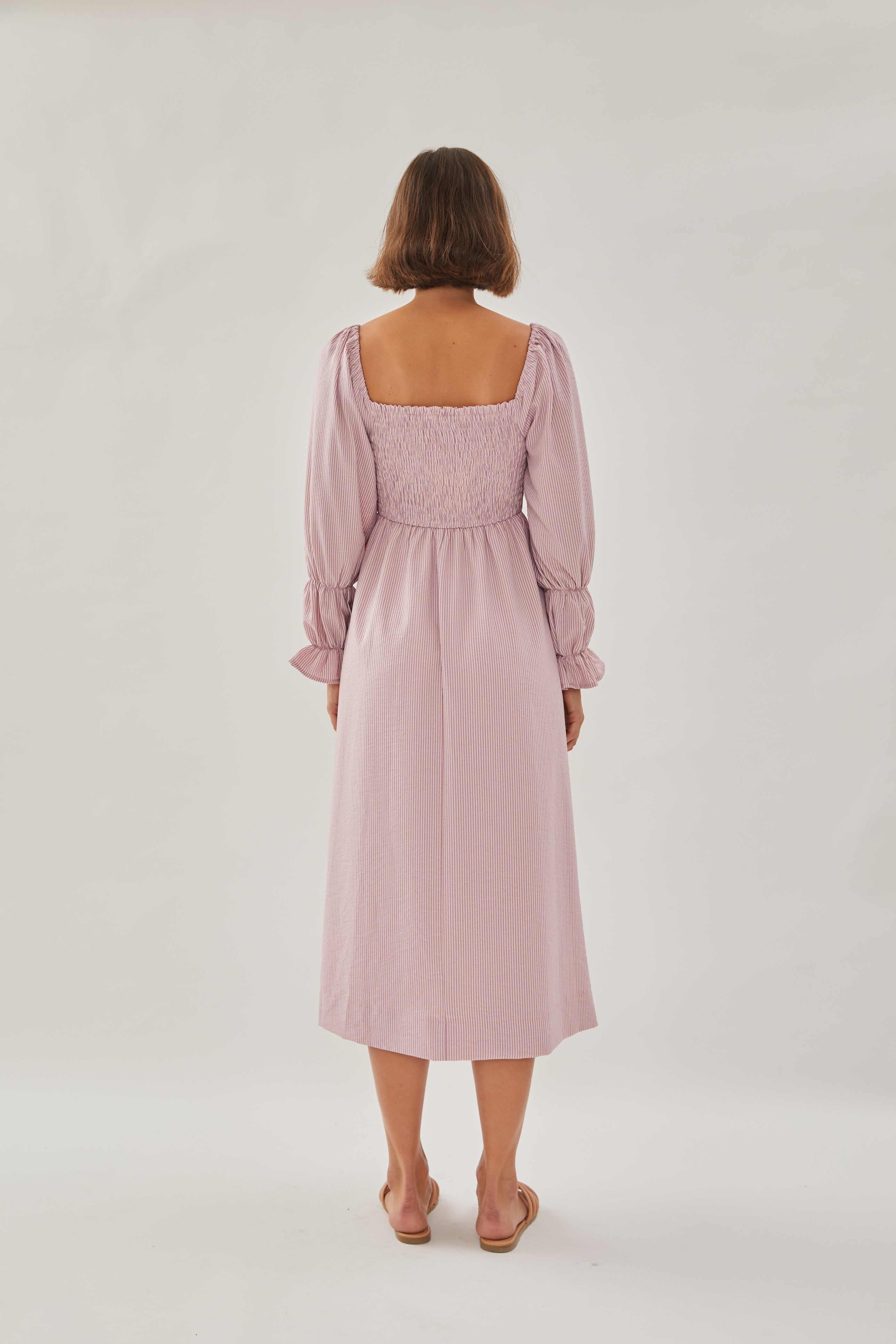 Shirred Midi Dress in Stripe Pink