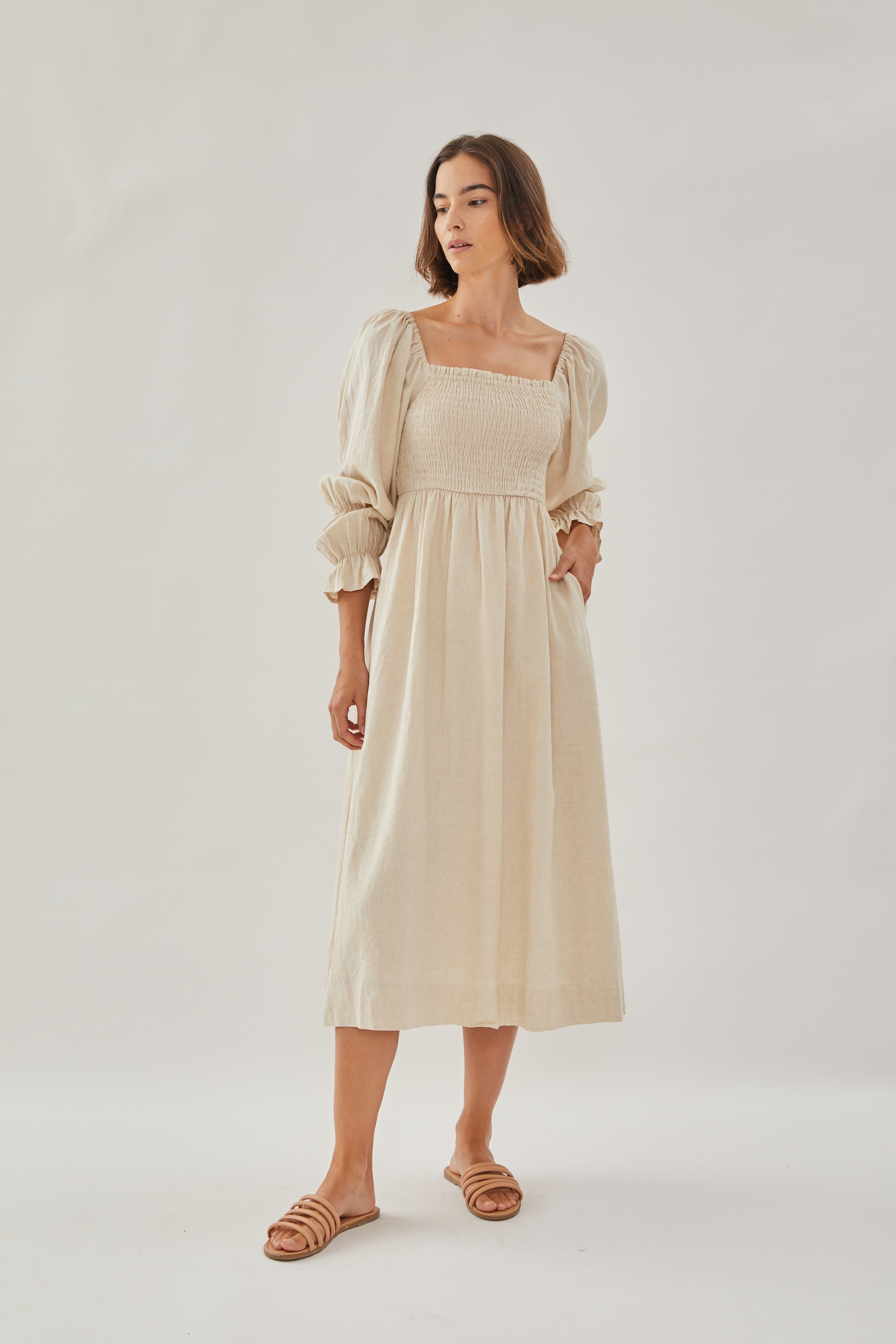 Shirred Midi Dress in Natural