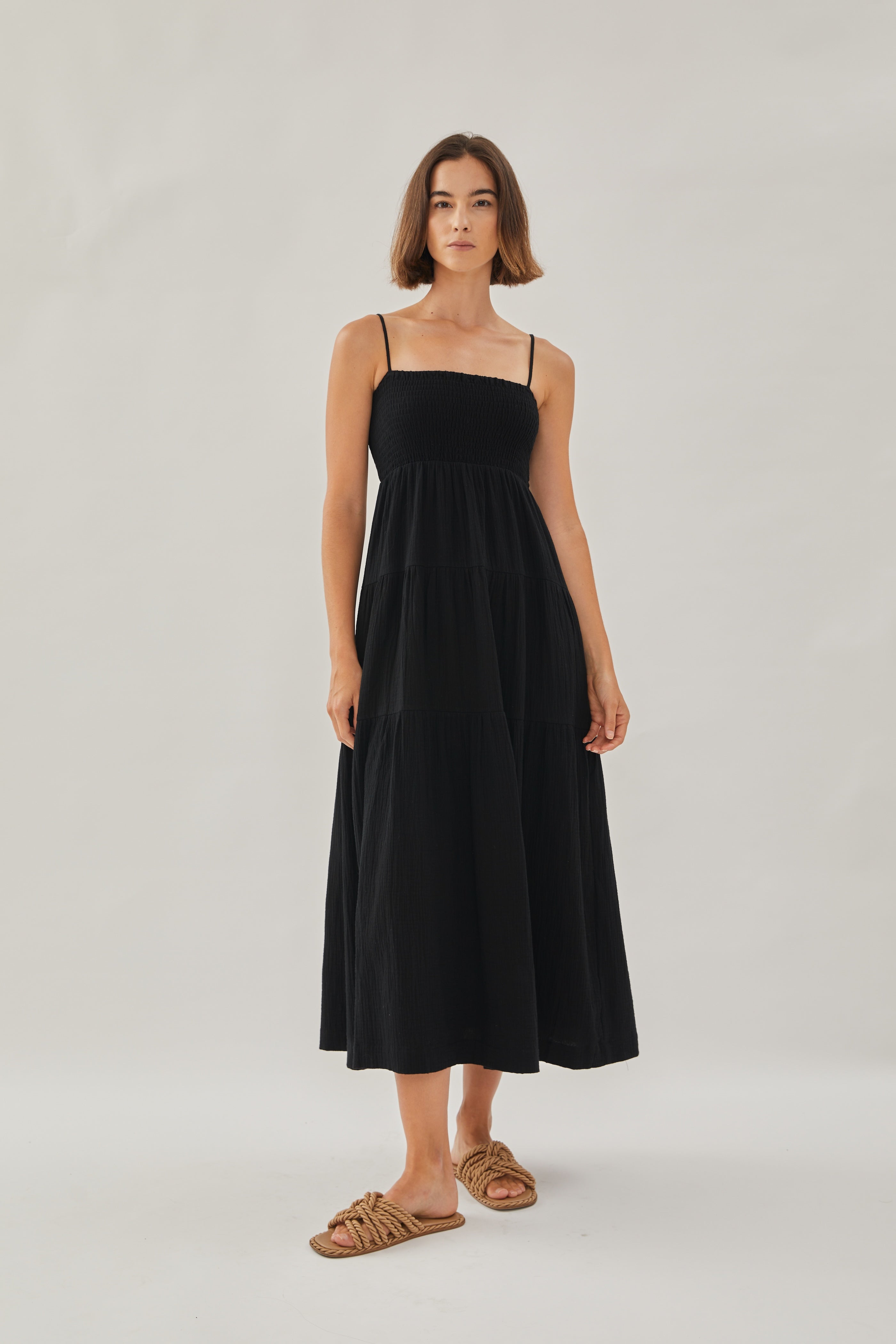 Shirred Maxi Dress in Black