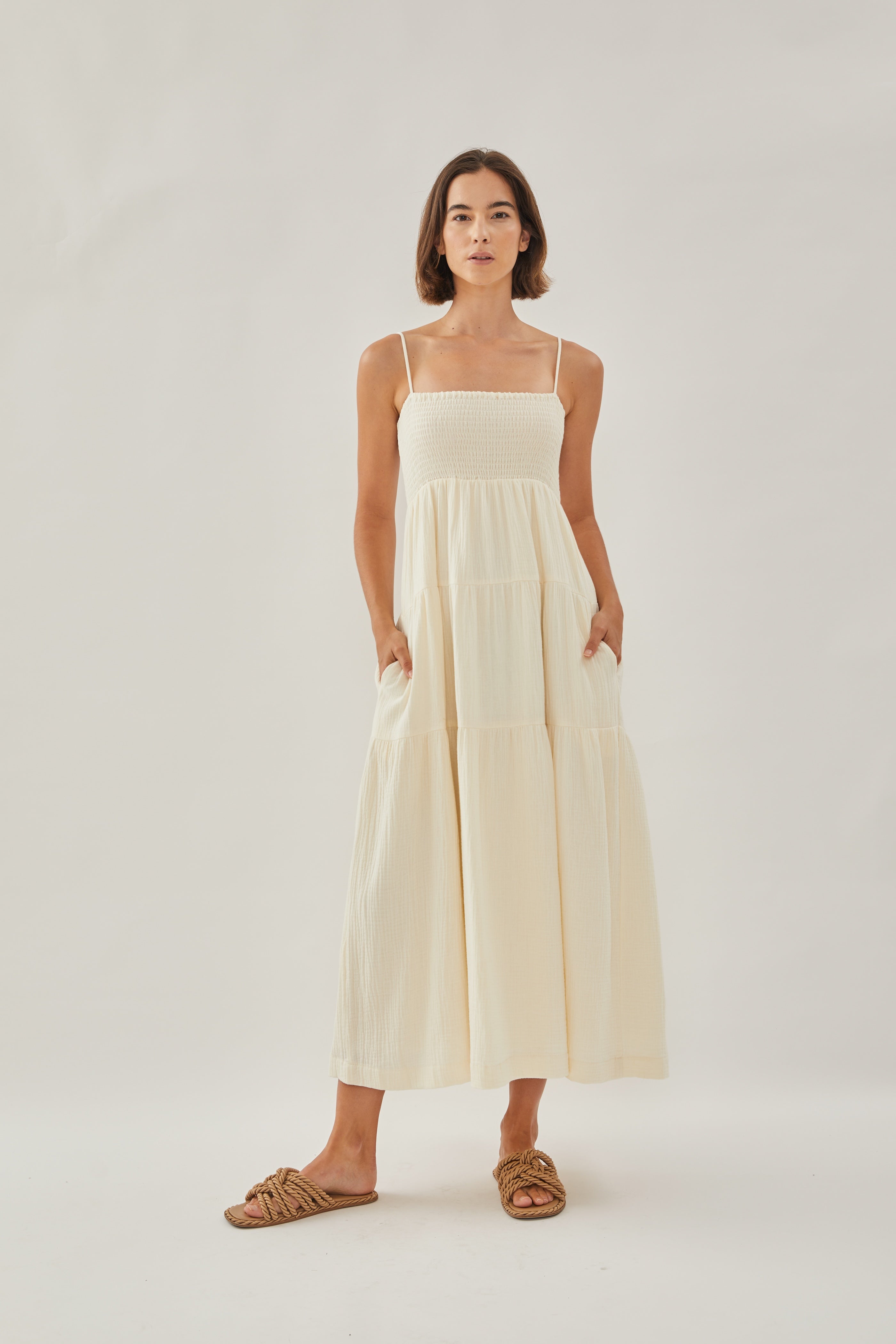 Shirred Maxi Dress in Butter