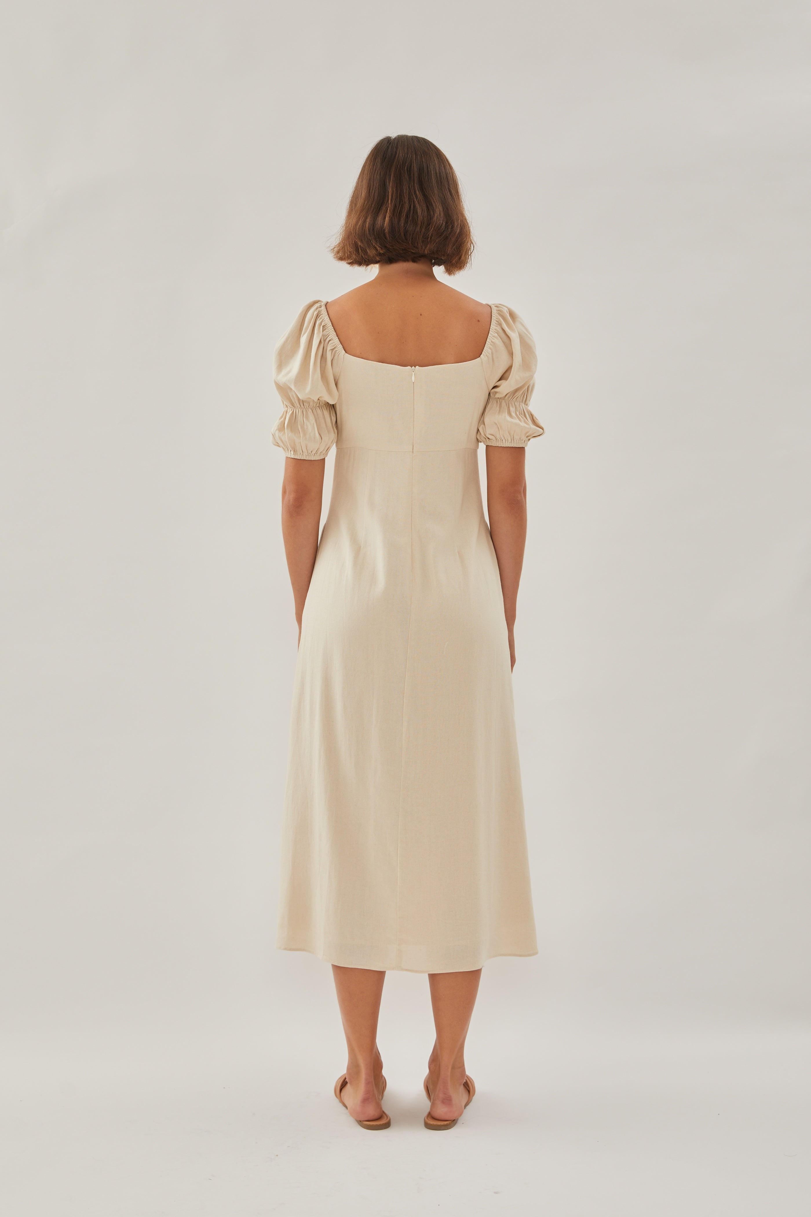 Puffed Sleeved Midi Dress in Natural