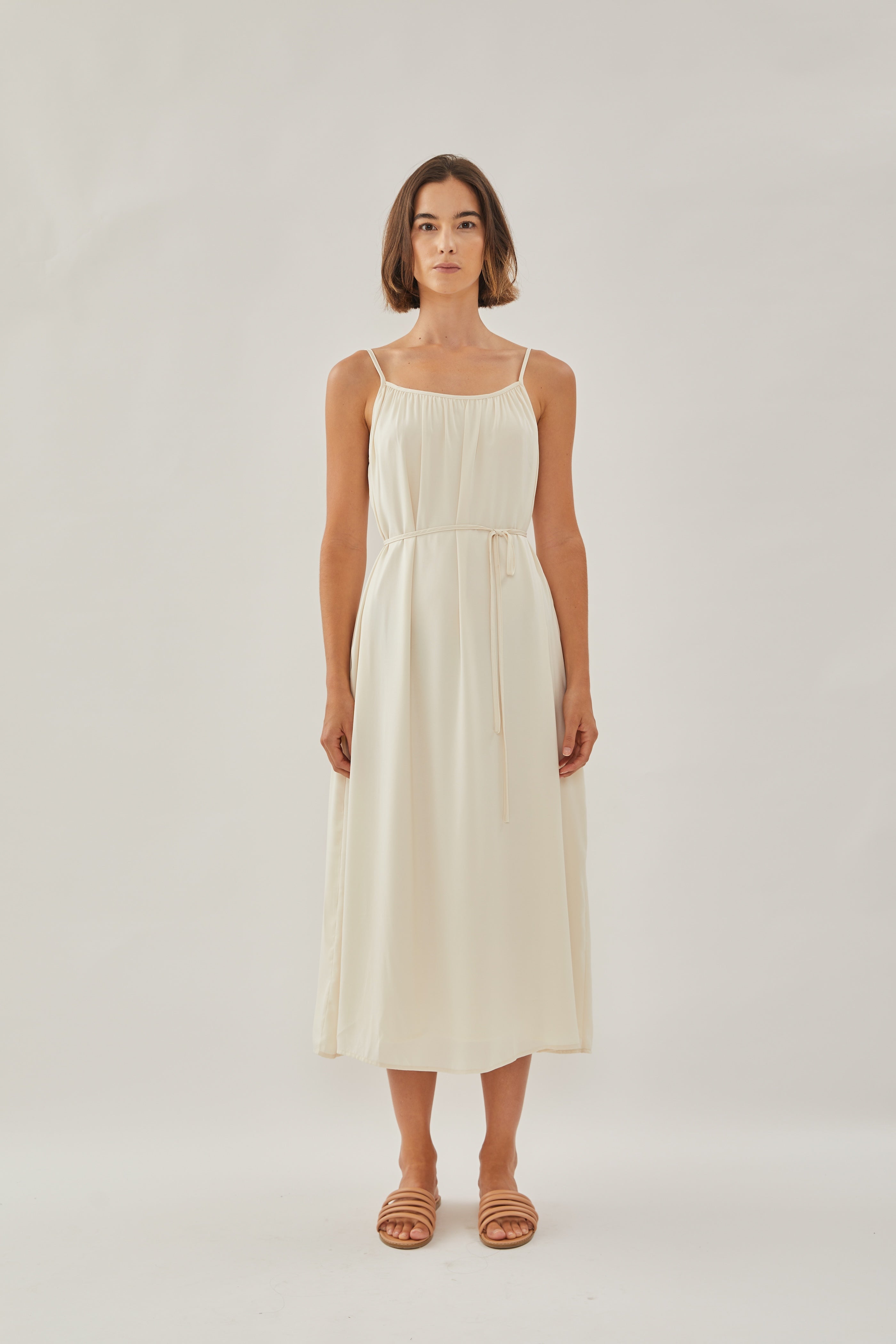 Gathered Midi Strap Dress in Ivory
