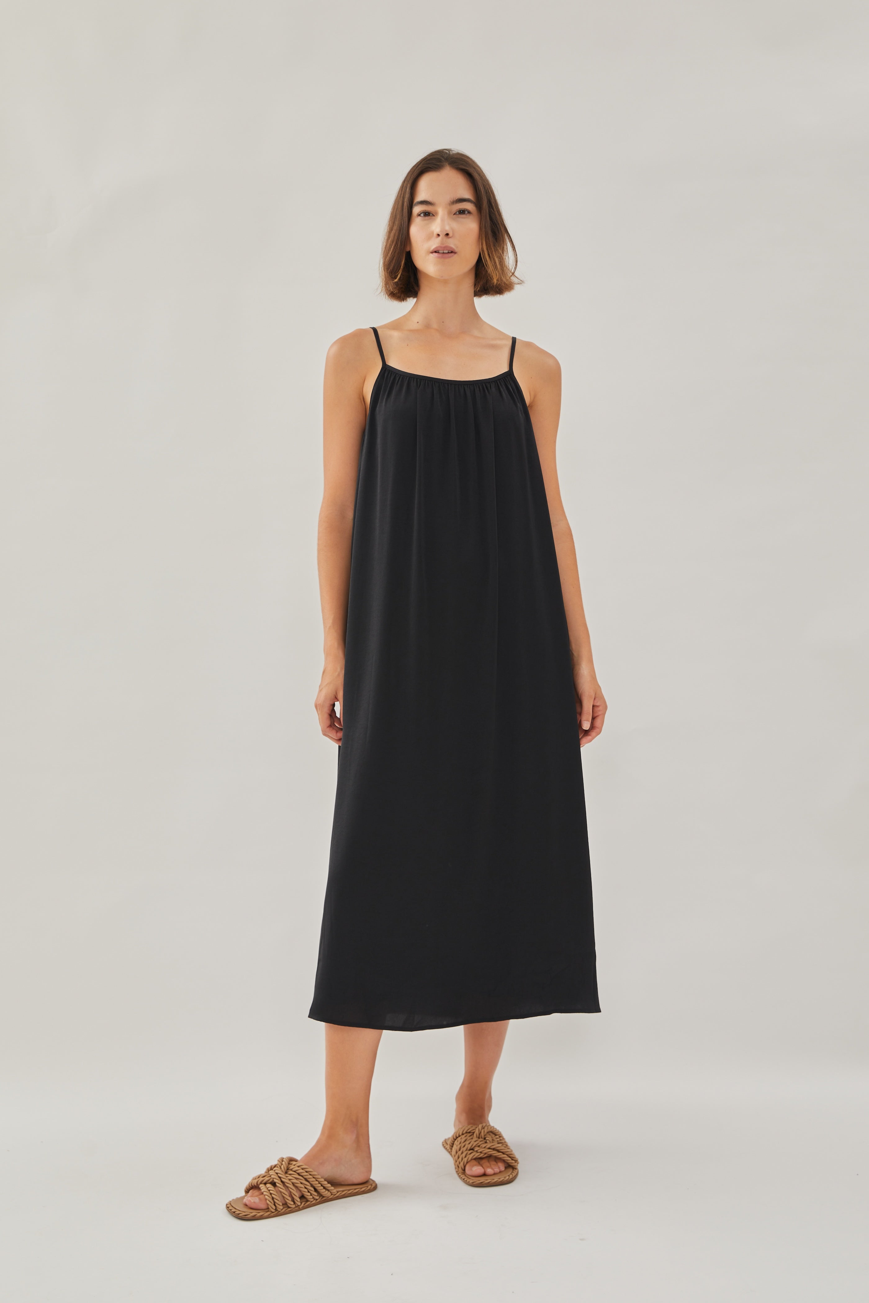 Gathered Midi Strap Dress in Black
