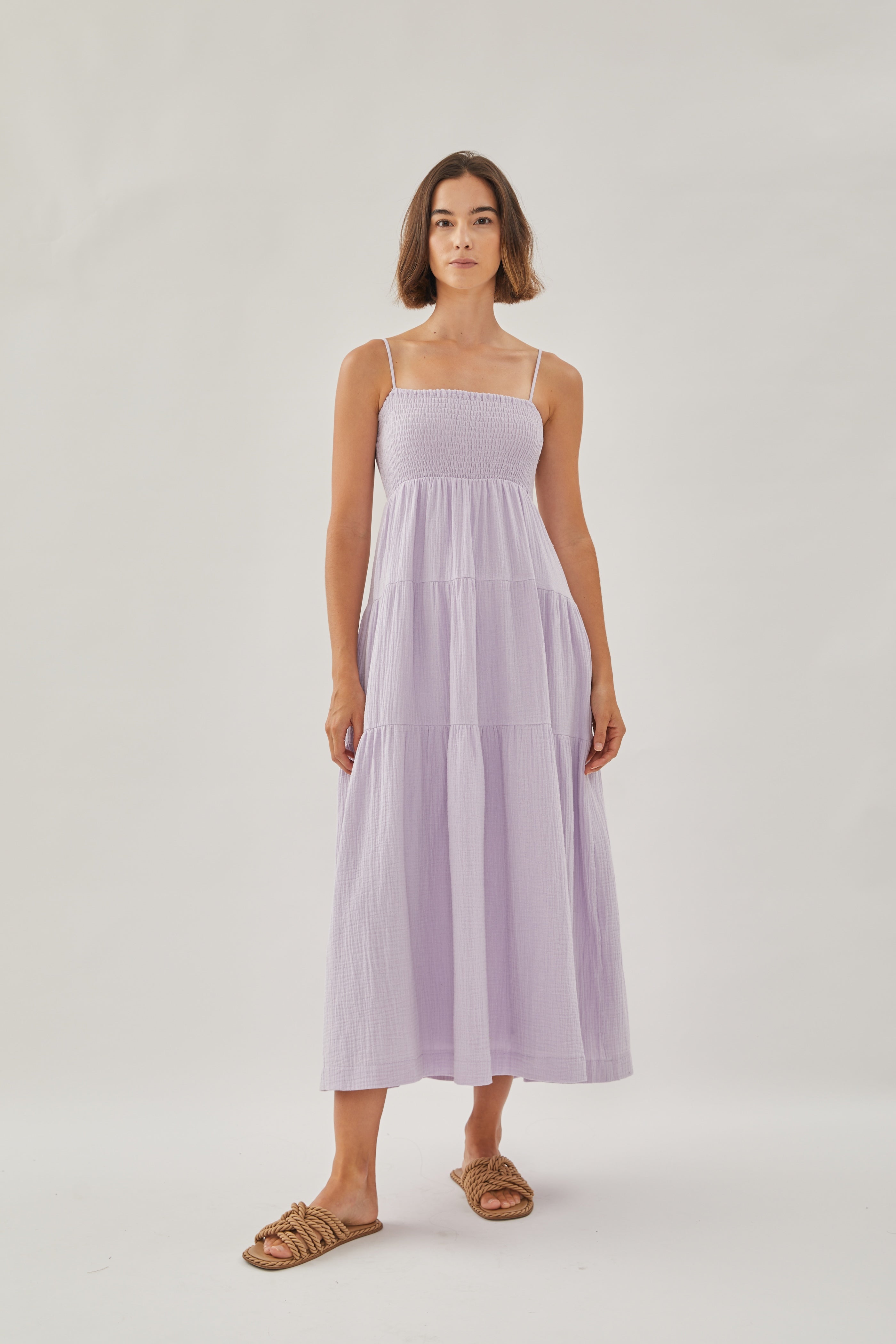 Shirred Maxi Dress in Soft Purple