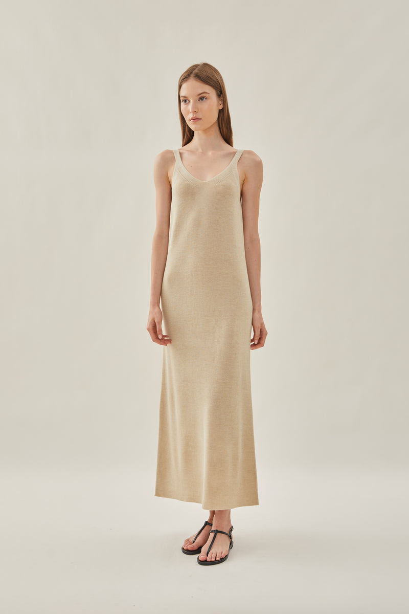 Knit V-Neck Dress in Wheat