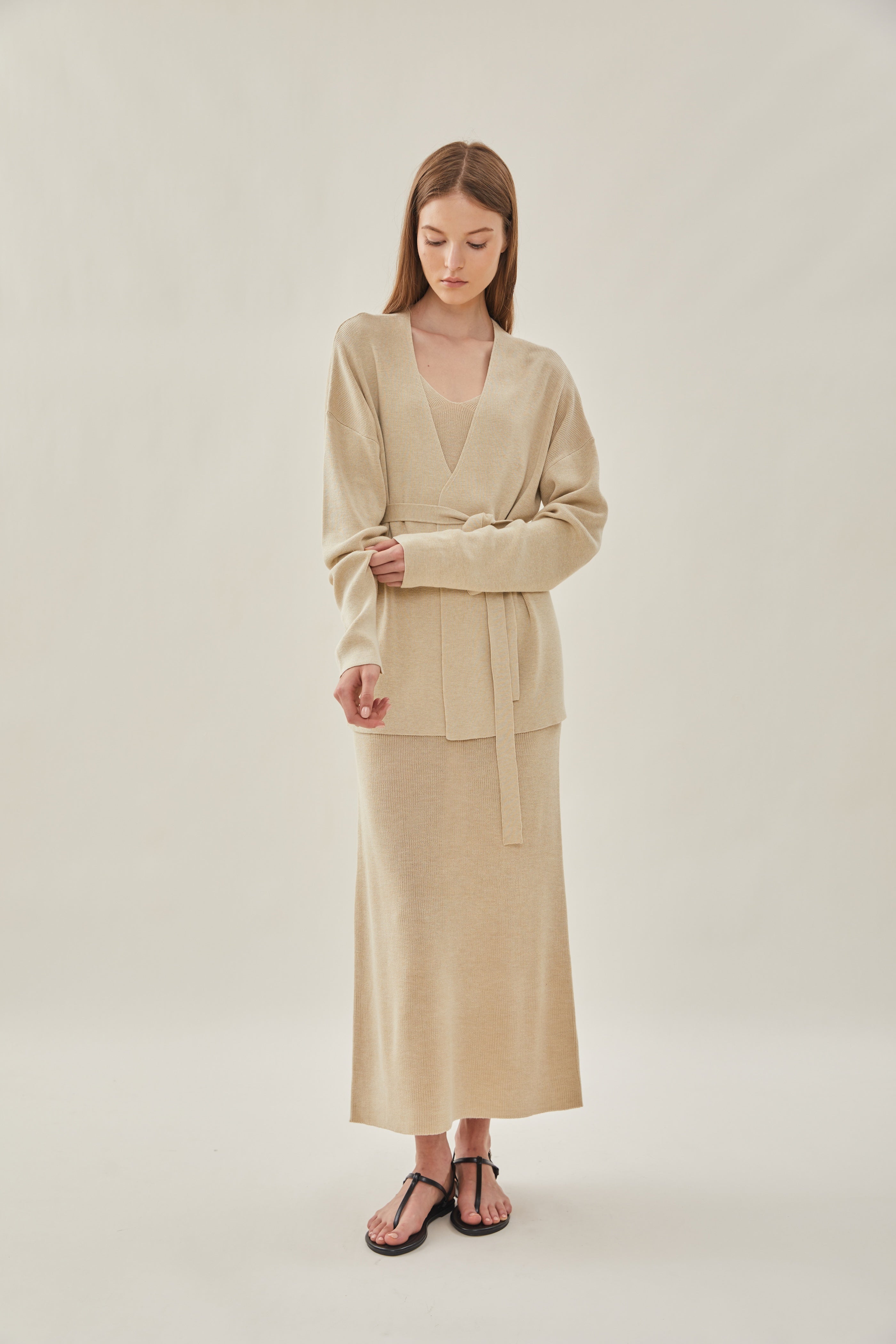 Knit Tie Cardigan in Wheat