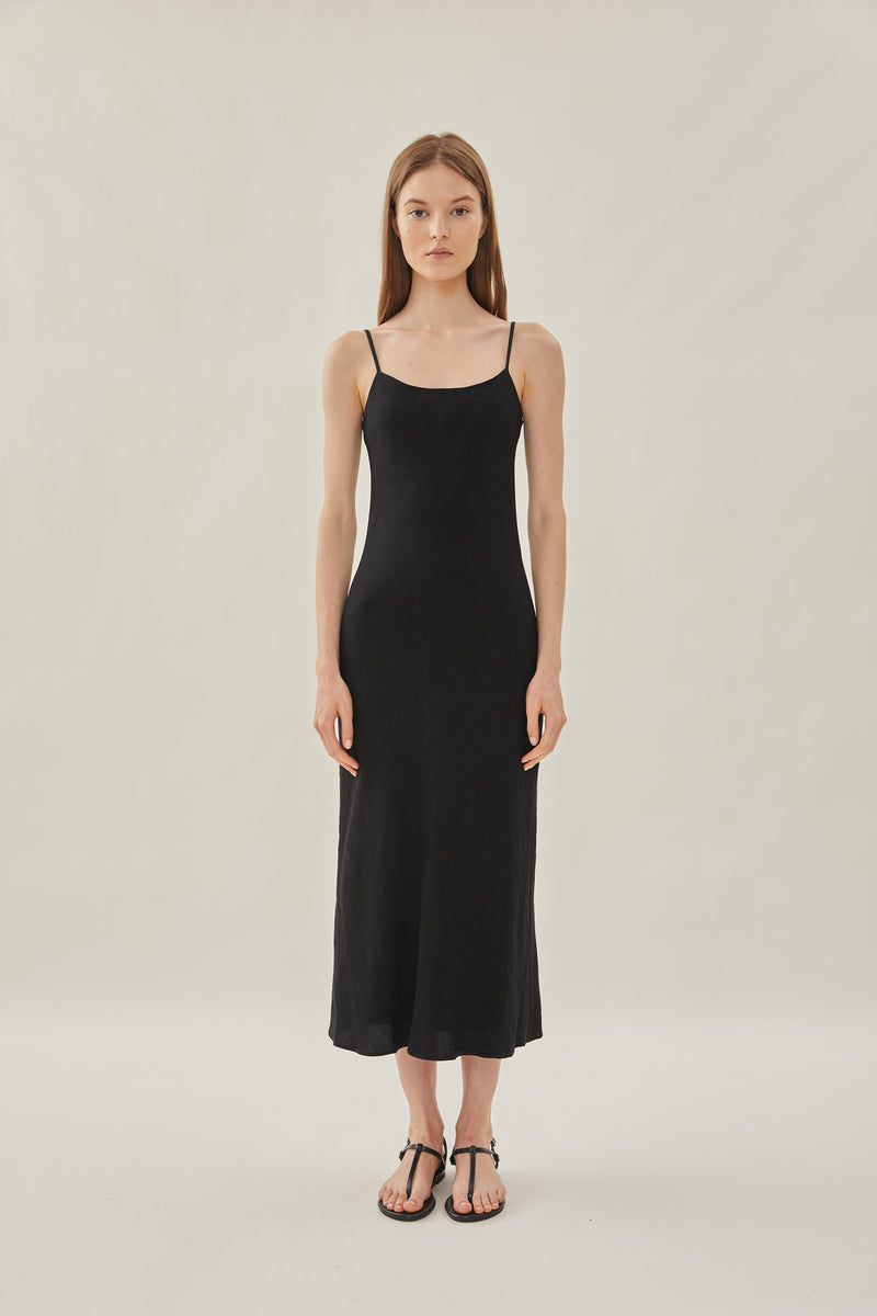 Linen Slip Dress in Black